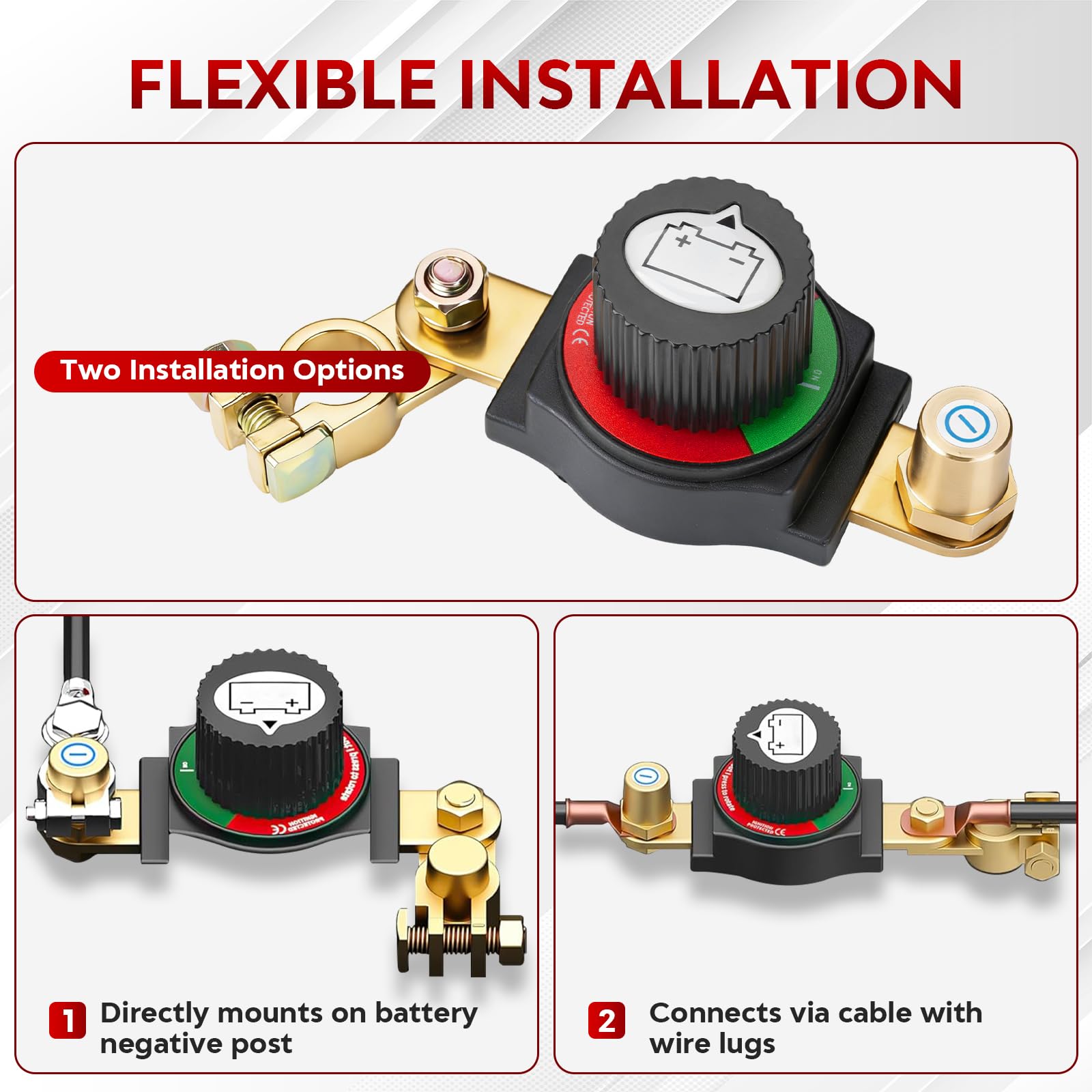 Desconectador de Bateria Coche 12V-48V, Cortacorrientes Coche Ajustable 180°, Interruptor Principal de Batería, Corta Corriente Bateria para Coche, Moto, Barco, Yate, Apto para el terminal negativo - 3
