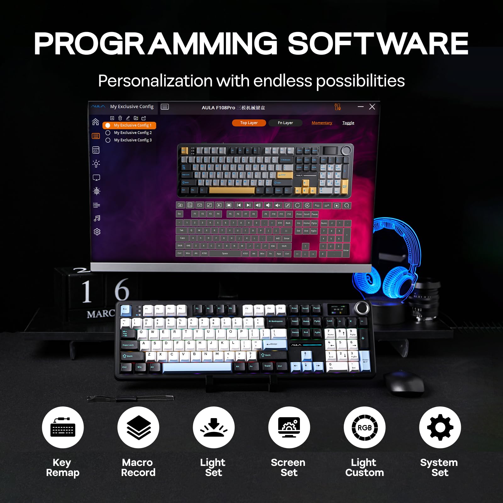 EPOMAKER X AULA F108 PRO Tastiera da Gioco Wireless con Schermo, Batteria da 8000mAh, 104 Tasti e Manopola Sostituibili a Caldo, RGB, per Mac/PC/Android, qwerty (NeroBiancoBlu, Reaper Switch)