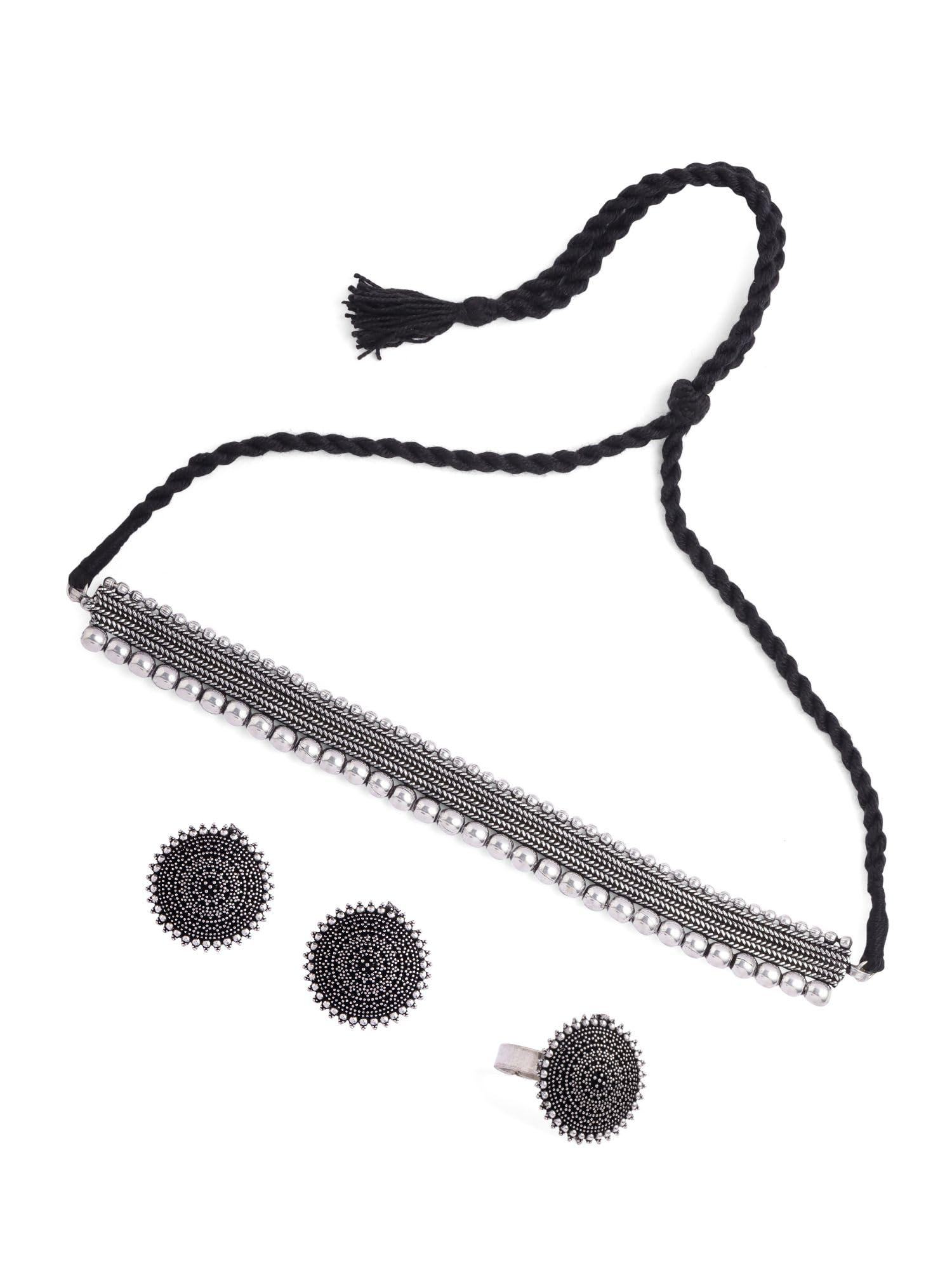 Rangriti Collection Oxidised Jewellery Set Of Choker Necklace Earrings and Ring For Women | Silver Colour | Anniversary Birthday Gift-image-35