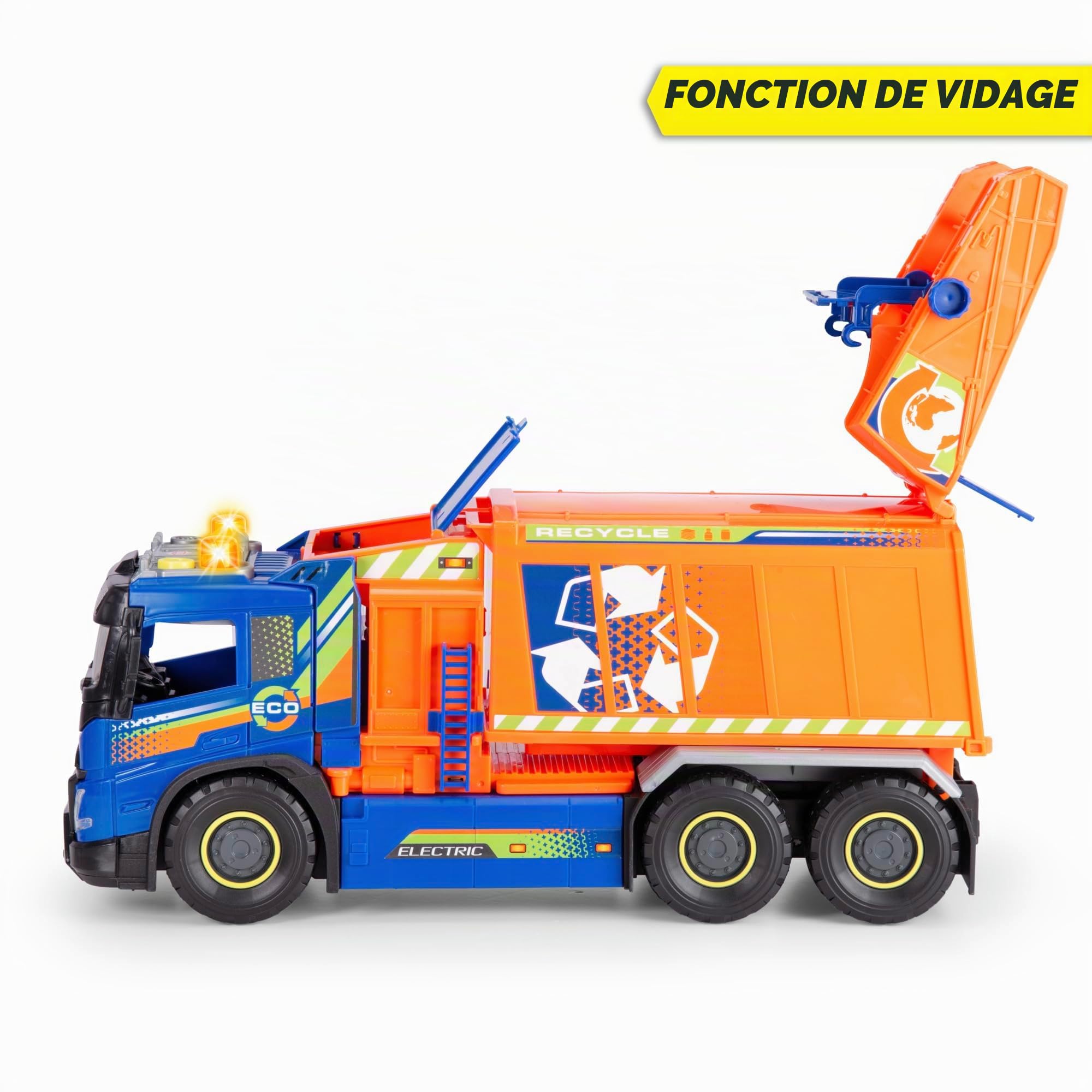 Dickie 203749037 - Camion de Recyclage Urbain Volvo FMX géant 56 cm, lumière, Son, élévation Manuelle de la Poubelle, pièces Mobiles, Rangement, remorque avec Couvercle, hayon Rabattable. +3 Ans