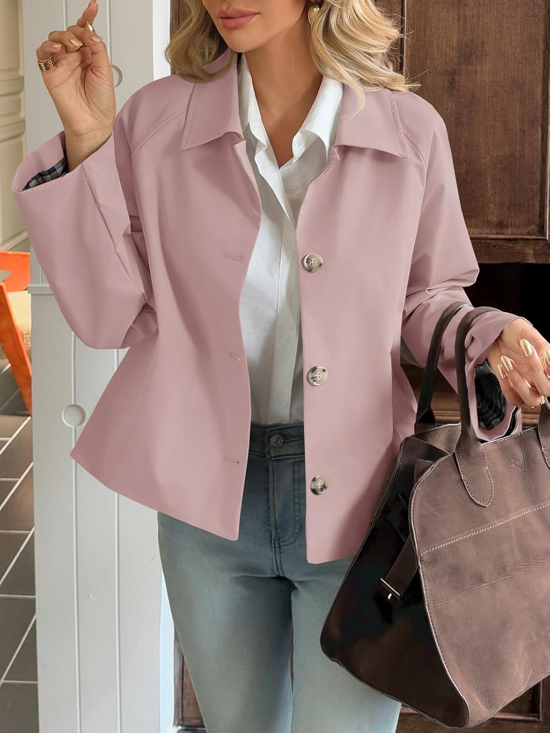 Tankaneo Womens Cropped Trench Coat Lightweight Single Breasted Jacket Fall Windbreaker Fashion Outerwear - Image 2