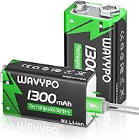 Vista 1 de WAVYPO Paquete de 2 baterías recargables de 9 V de 1300 mAh, baterías de iones de litio de 9 voltios de larga duración con cable de carga rápida