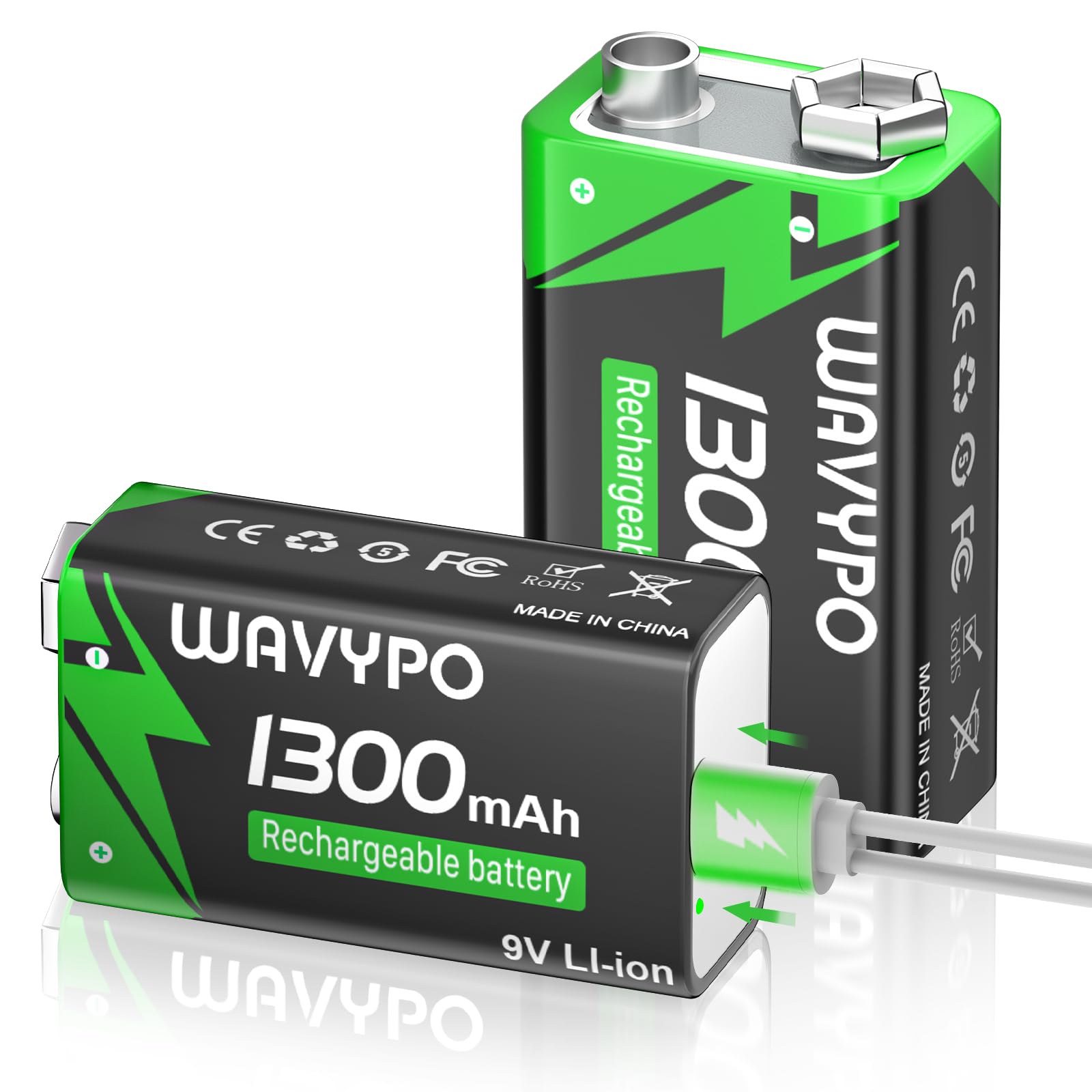 Sponsored Ad - WAVYPO 2-Pack 1300mAh Rechargeable 9V Batteries,9 Volt Lithium-ion Batteries Long Lasting with 2-in-1 USB-C Fast Charging Cable, for Smoke Detector Alarms, Microphone, Toys, Walkie-Talkies