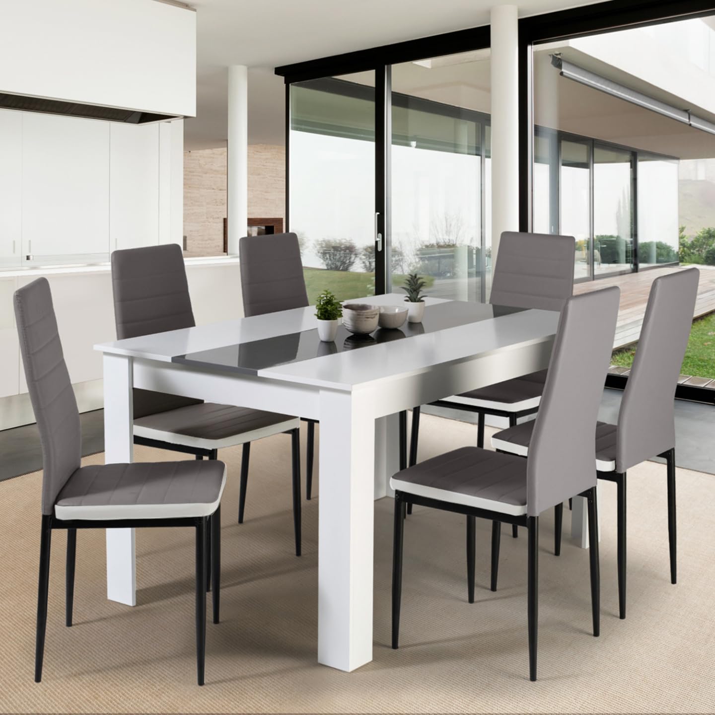IDMarket - Ensemble Table à Manger Georgia 140 cm Blanche et Grise et 6 chaises Romane Grises liseré Blanc
