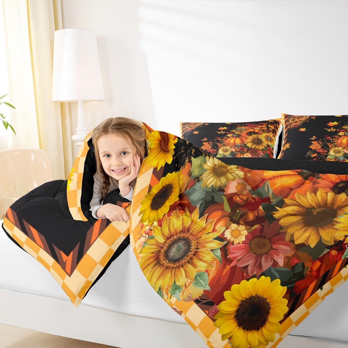 Feelyou Pumpkin Bedding Set Fall Sunflowers Butterfly Comforter Set Boys Girls Geometric Plaid Decor Comforter Microfiber Vintage Maple Leaves Duvet Set Bedroom Quilt Set Queen Size