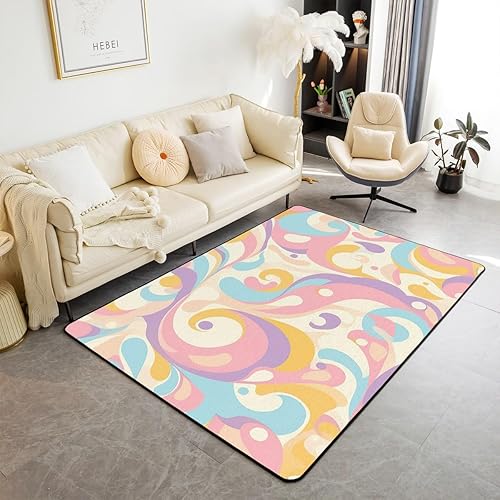 Miniatura 15 de Alfombra de área de rayas coloridas 3D abstracta naranja verde marrón líneas antideslizante para niños, adolescentes y adultos, moderna alfombra