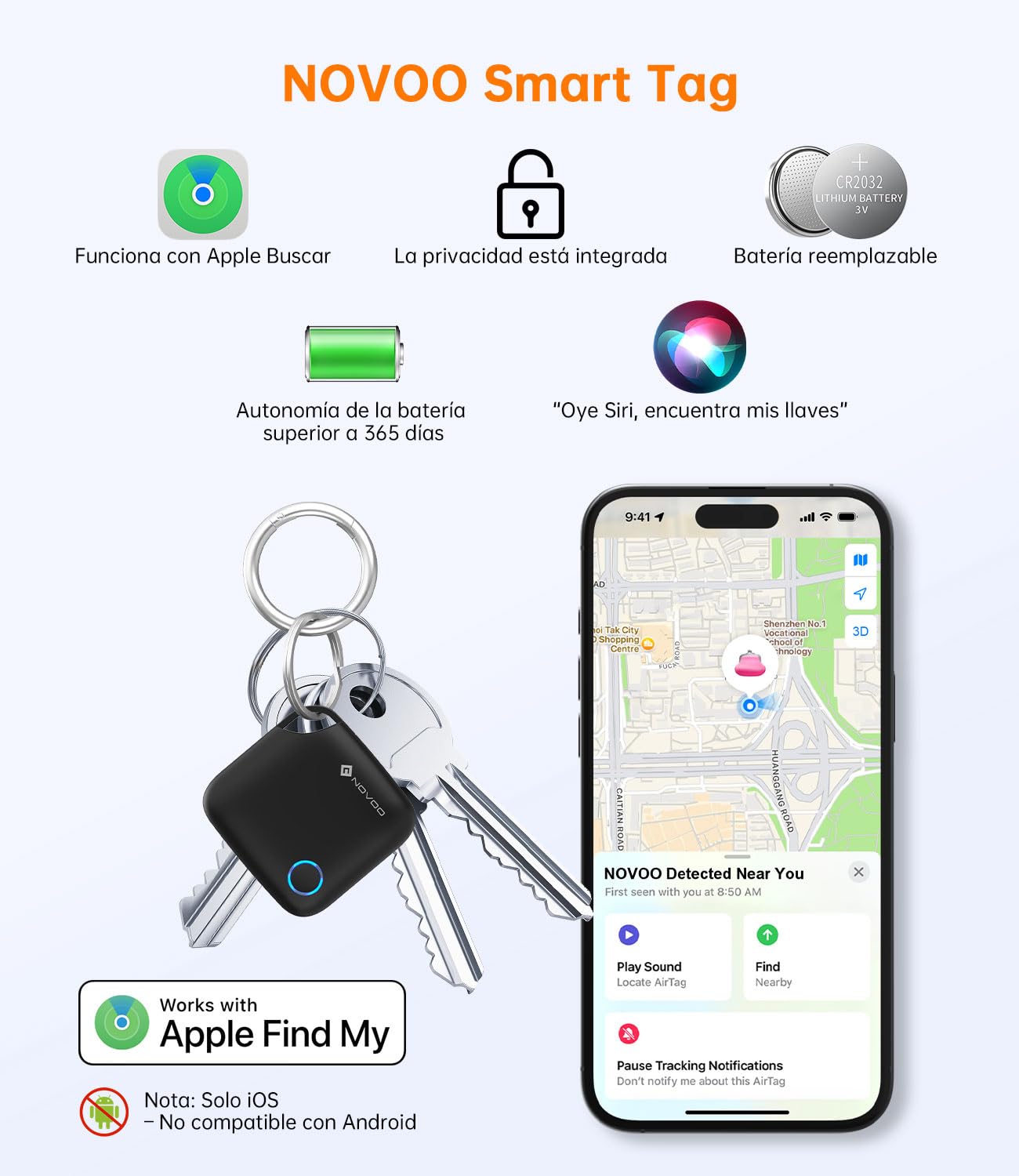 NOVOO Smart Tag avec Apple Find My (iOS Uniquement), Localisateur d'objets avec Alarme 80 DB, Batterie remplaçable avec Verrouillage Enfant, Tracker pour clés, Portefeuille et Bagages, 4 pièces