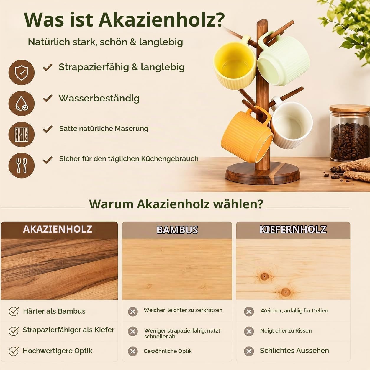 Tassenhalter Baum | Akazienholz Tassenbaum Kaffeetassenhalter | Kaffeetassenhalter für Küchentheke Dekoration Kaffee Bar Zubehör und Home Organizer Braun | mit 6 Haken (MHA6B)