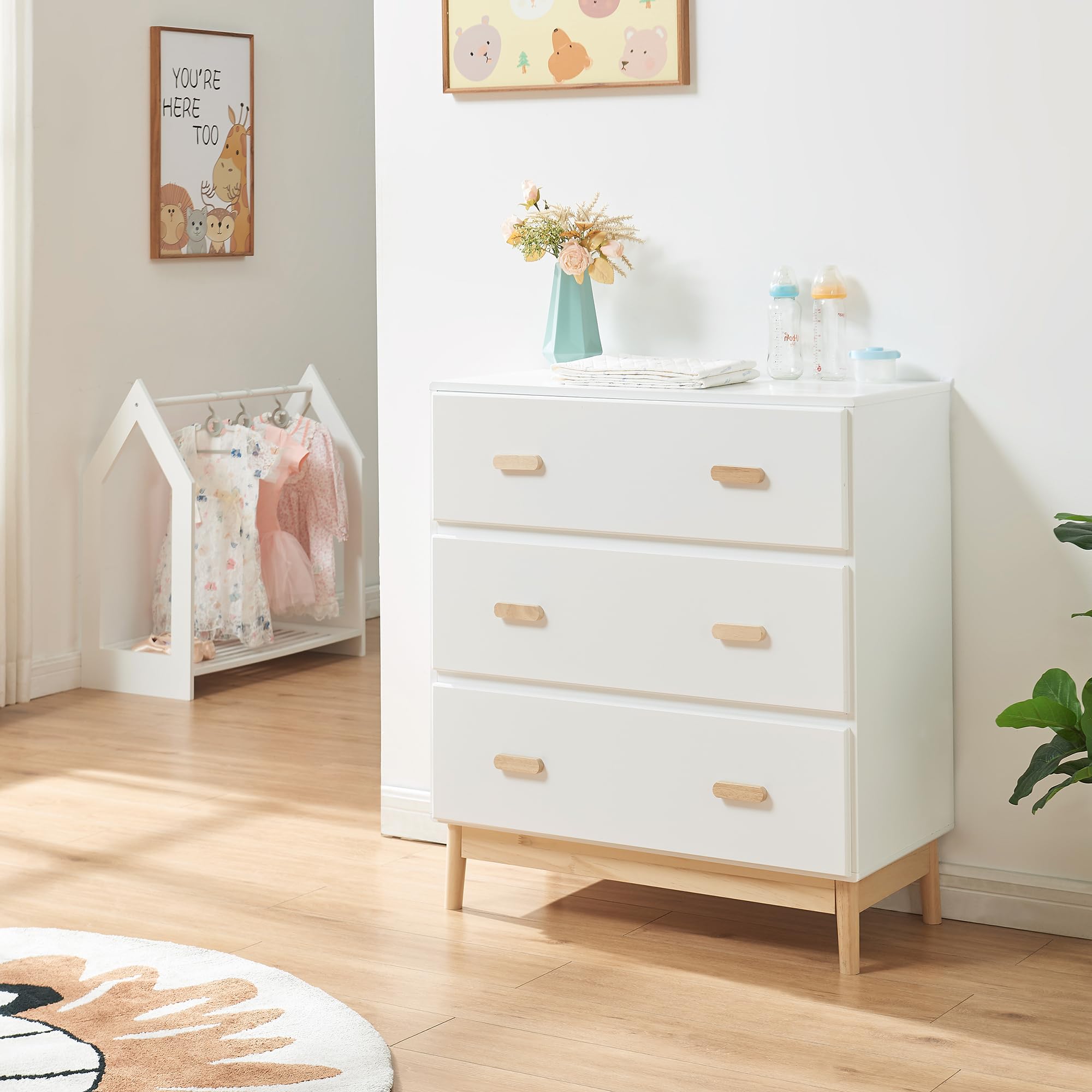 [en.casa] Cassettiera con Piano Fasciatoio Rimovibile Comò per la Cura del Bambino Neonato con 3 Cassetti Mobile Contenitore per Cameretta 100 x 80 x 53 cm - Bianco