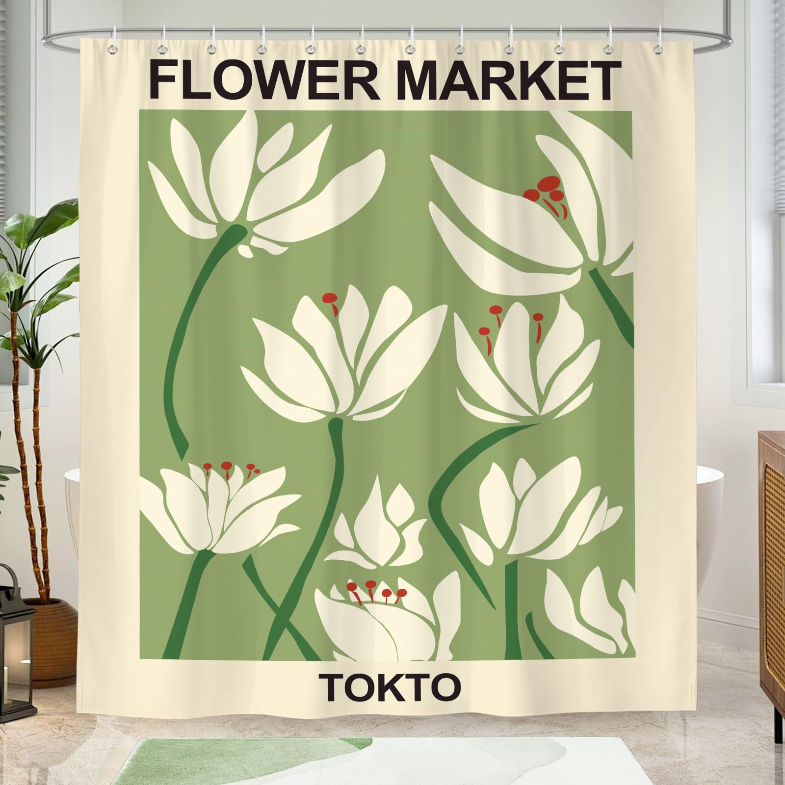 BREASOME Waterproof Shower Curtain 180 x 180 cm Green Floral Shower Curtain for Bathroom Decor Mould Proof Polyester Fabric Bath Curtain with 12 Hooks