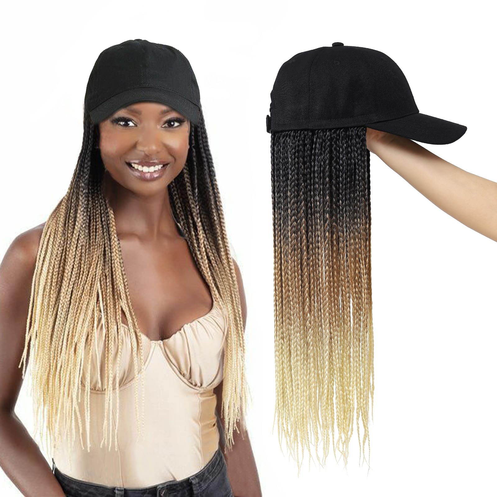 Yunkang Braided Baseball Cap Wig Box Braid Hair Extensions with Hat Ombre black brown blonde Cap Wig with 18inch Long Synthetic Braiding Hair for