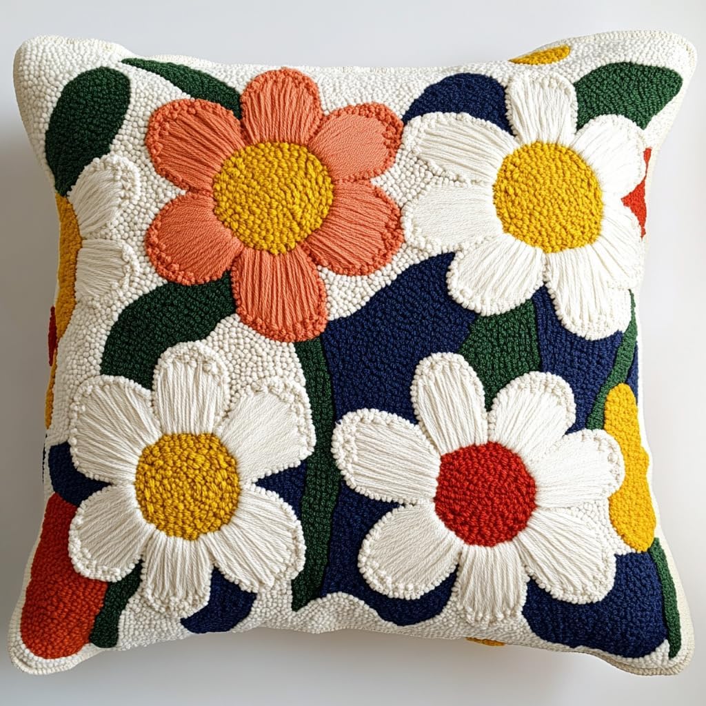DIY Punch Needle Pillow Kit White Daisy Flowers with Pattern and Hoop Handmade Embroidery Punch Needle Starter Pillowcase Set for Home Sofa Decor 43x43cm-1-2