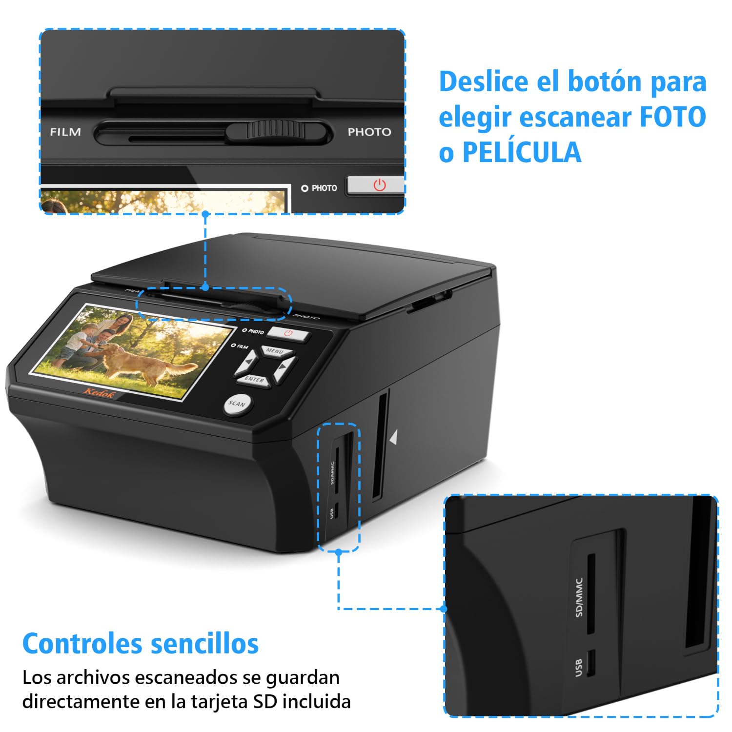 Escáner fotográfico para Negativos y Diapositivas 35mm 110mm, resolución 22MP, Pantalla LCD 5 Pulgadas, conversión JPEG, Tarjeta SD 8GB