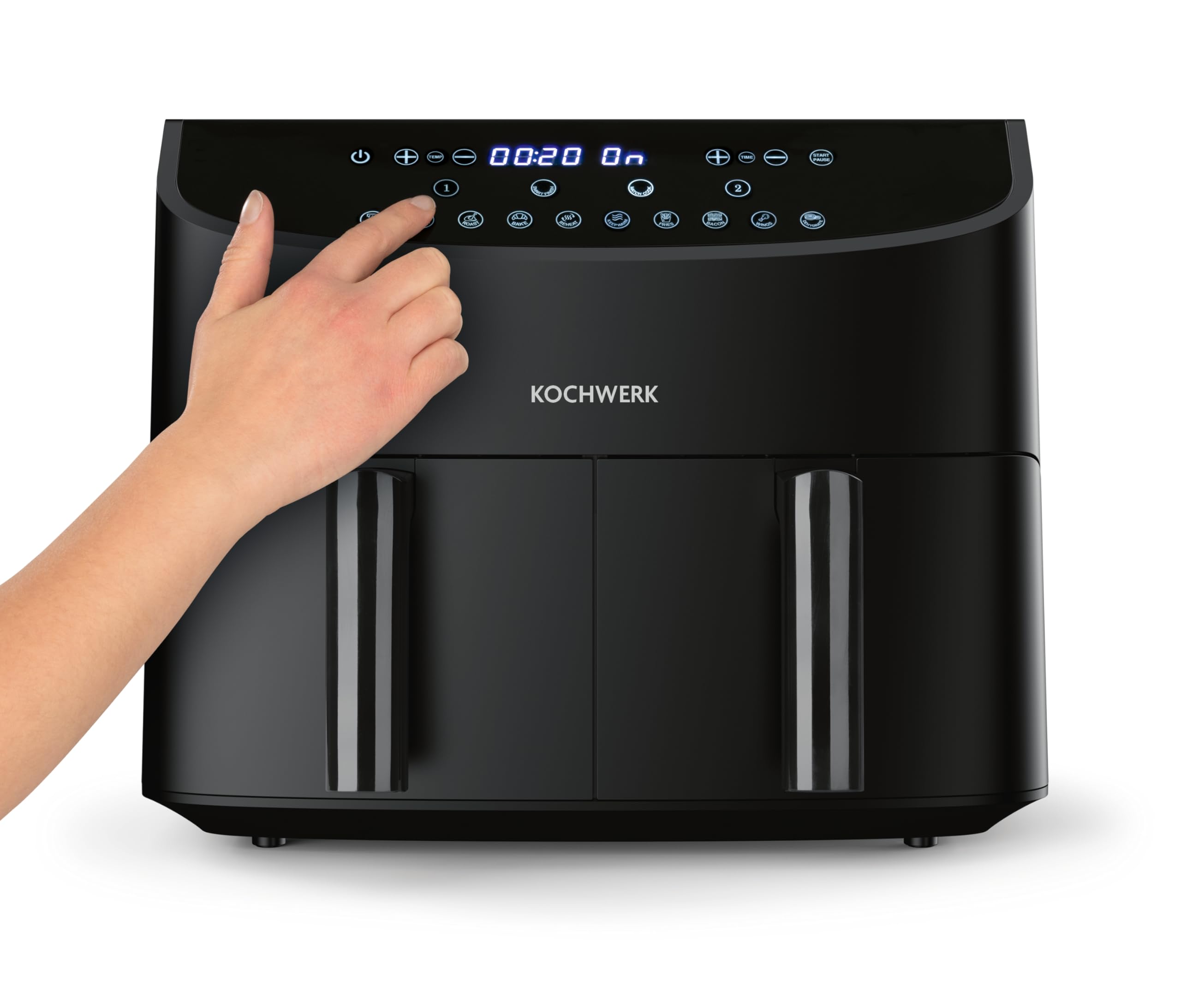 Rachs KOCHWERK frytkownica na gorące powietrze, z podwójną komorą, 7 l, cyfrowa frytkownica ze stali nierdzewnej z ekranem dotykowym, 10 programów i 2 komory 3,5 l, smażenie potraw bez oleju –