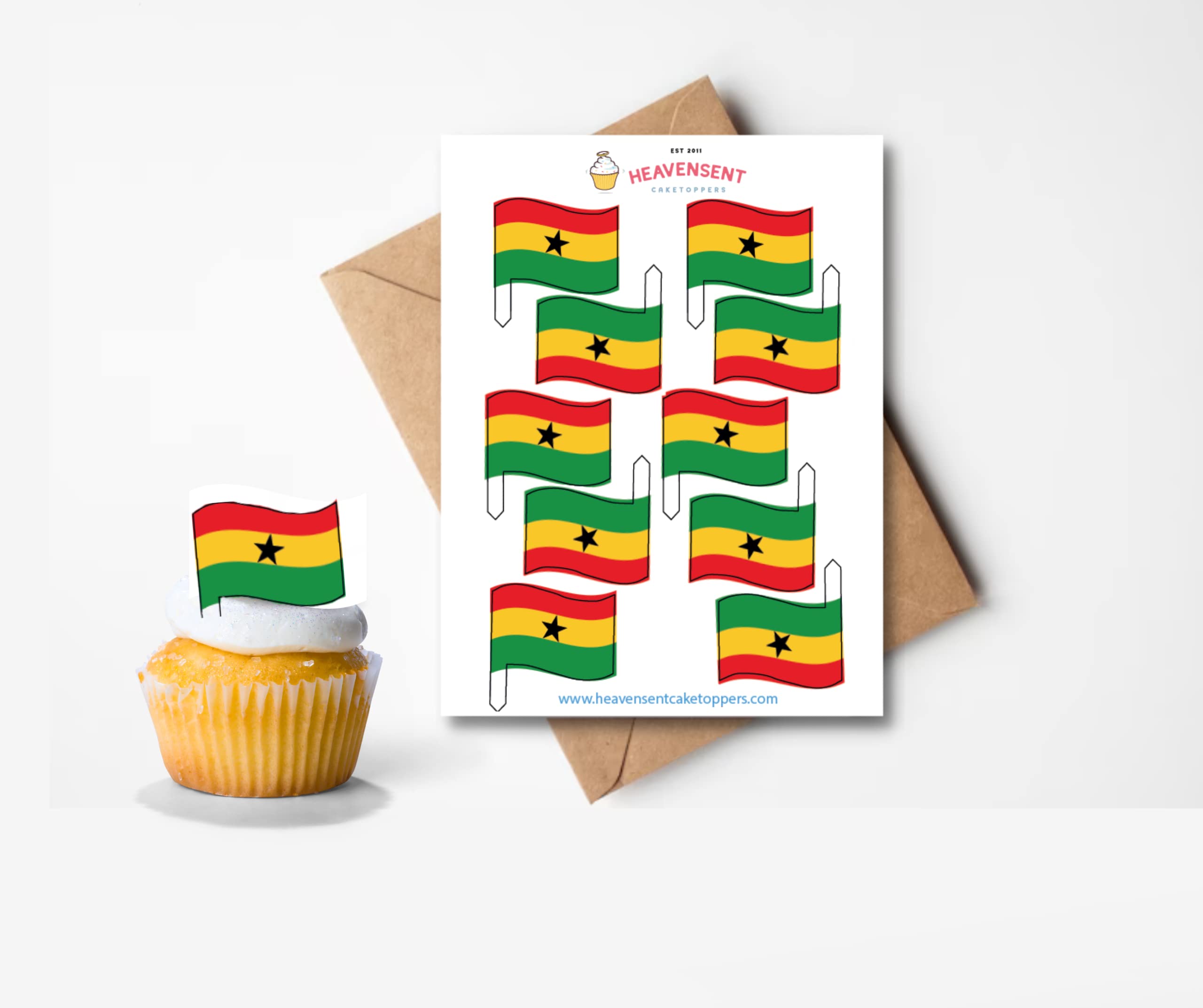 20x Pre-cut Ghana Ghanaian Flags West Africa Edible Thick Wafer Card Standing Cupcake Toppers Birthday Party Cake Decorations