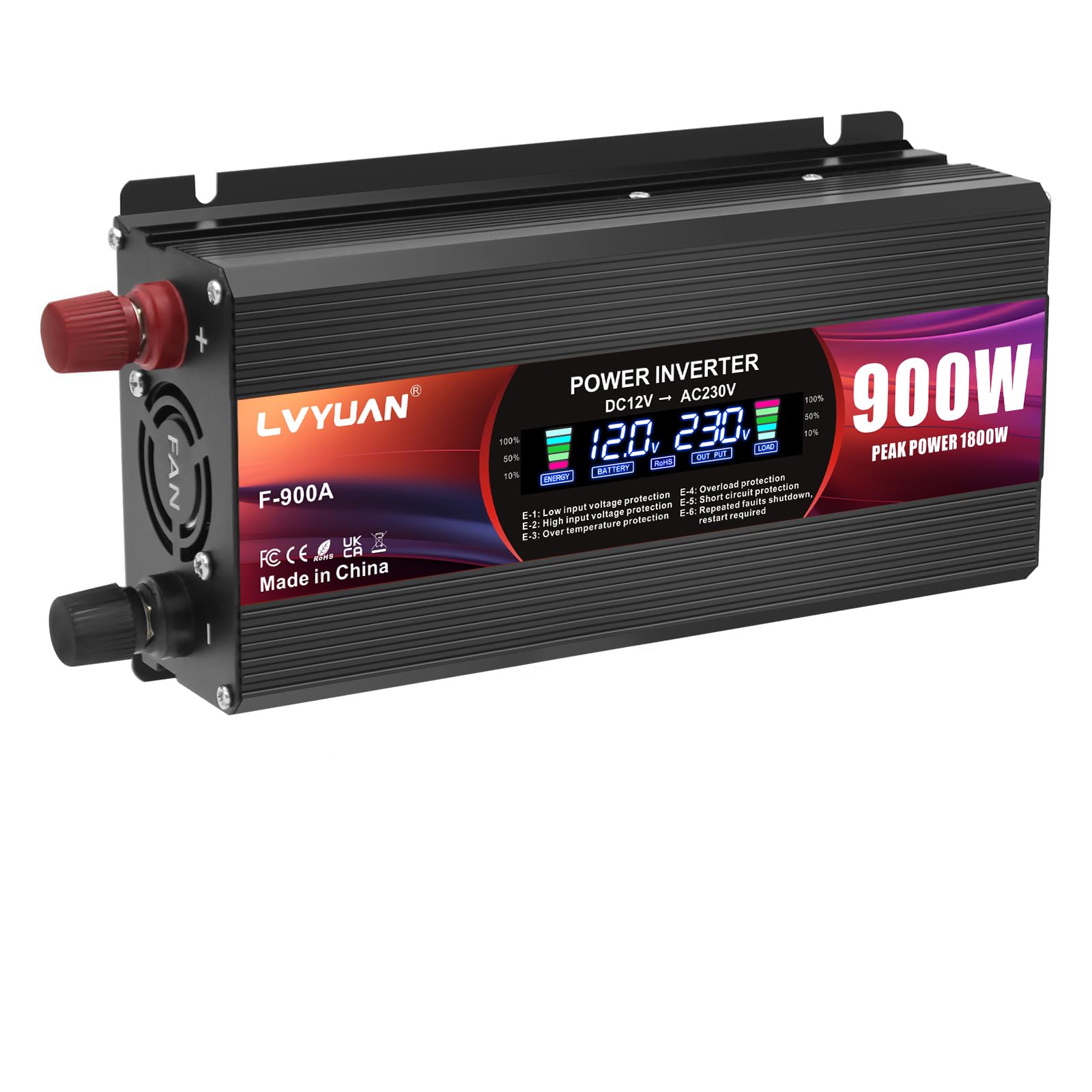 LVYUAN Convertisseur de Tension 12V 220V 900W Onduleur avec Prises UE, 2 USB, Clip Alligator, Allume-Cigare et écran LCD Inverter Peak 1800W