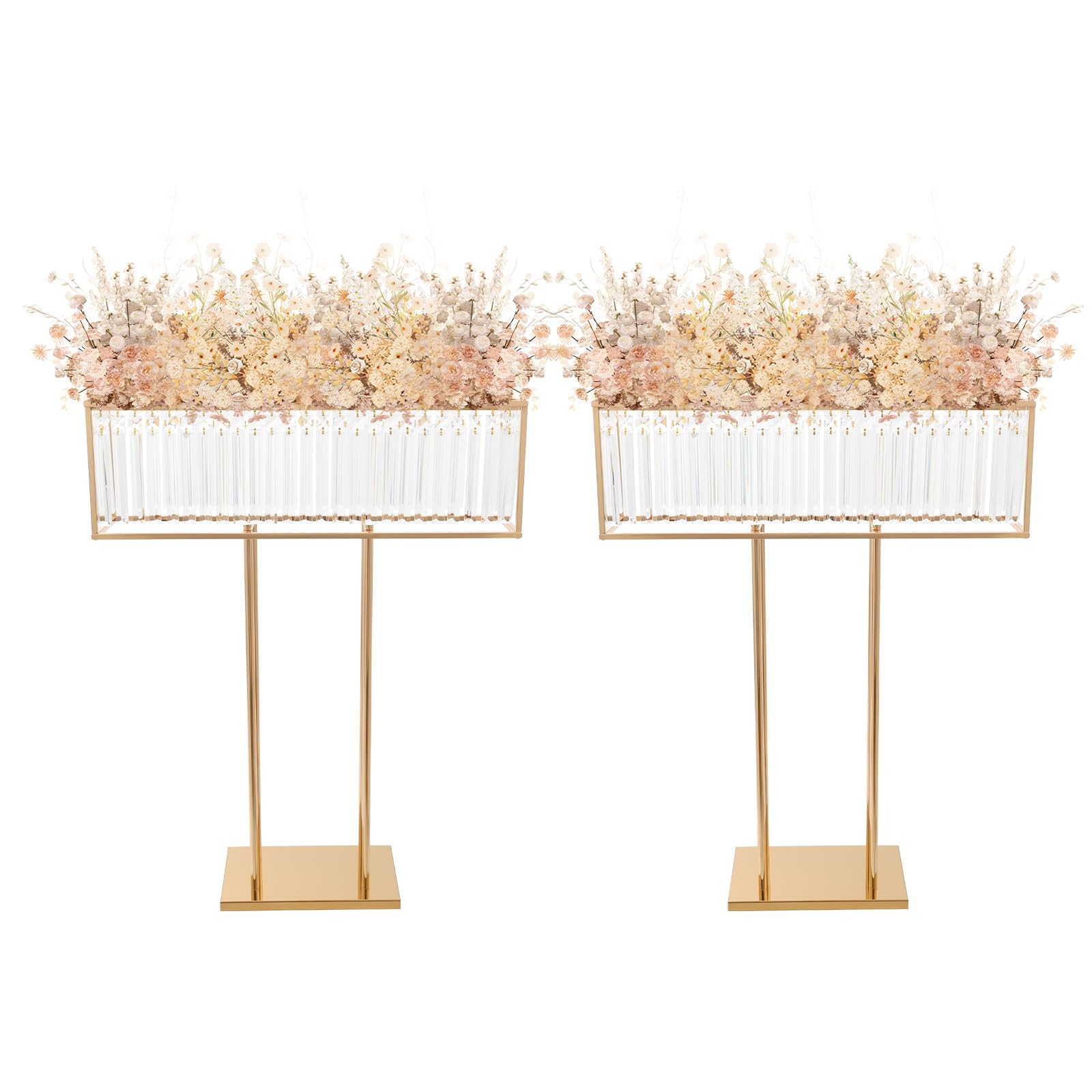 2Pcs Gold Crystal Vases for Centerpieces, 27.56" Metal Pedestal Stands w/Sparkling Crystal Pendants, Rectangular Flower Stand for Wedding Reception Birthday Party Home Decor