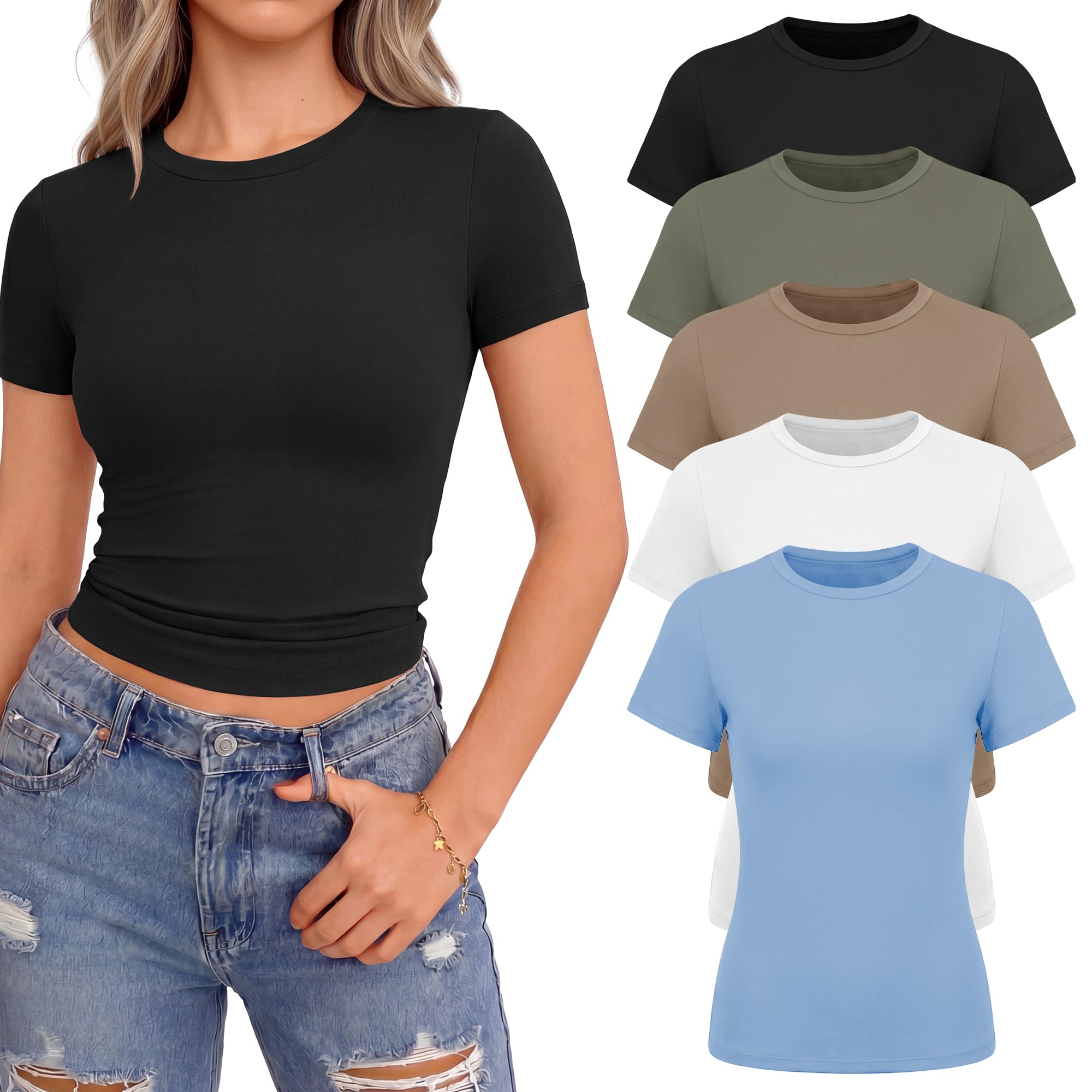 NexiEpoch 5 Pack T Shirts for Women - Crew Neck Short Sleeve Crop Tops