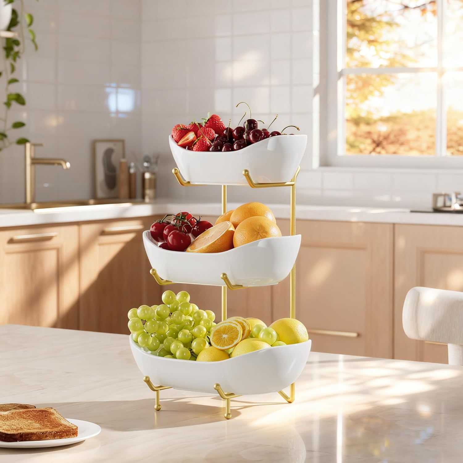 3 Tier Ceramic Fruit Bowl for Kitchen Counter – Fruit Basket with Gold Metal Stand, Fruit Holder for Snacks, Nuts, Cakes, Desserts, Bread, Candy Storage
