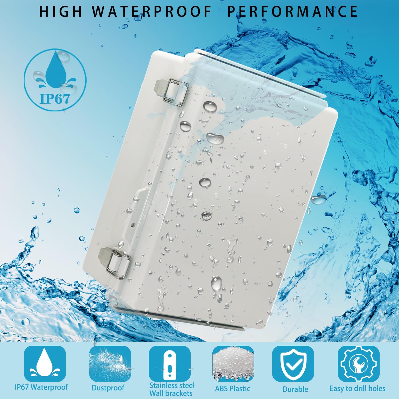 Wasserdichte elektrische Box mit Montageplatte, 300x200x170 mm, IP67 Anschlussdose, Edelstahl-Verriegelung, Scharnier, Projektgehäuse mit Wandhalterung und 2 Verschraubungen, 30x20x17 cm