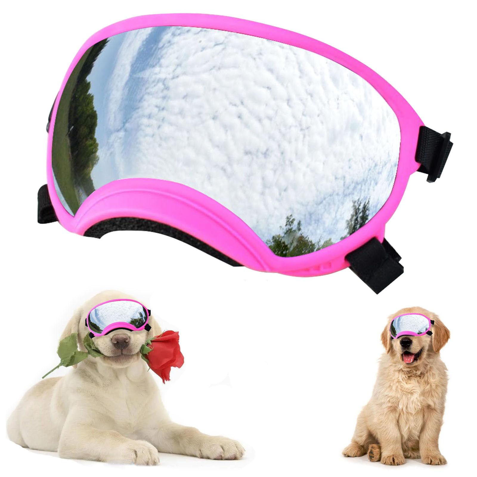Lunettes de soleil pour grand chien rose avec sangle réglable anti-UV et vent pour grand chiot
