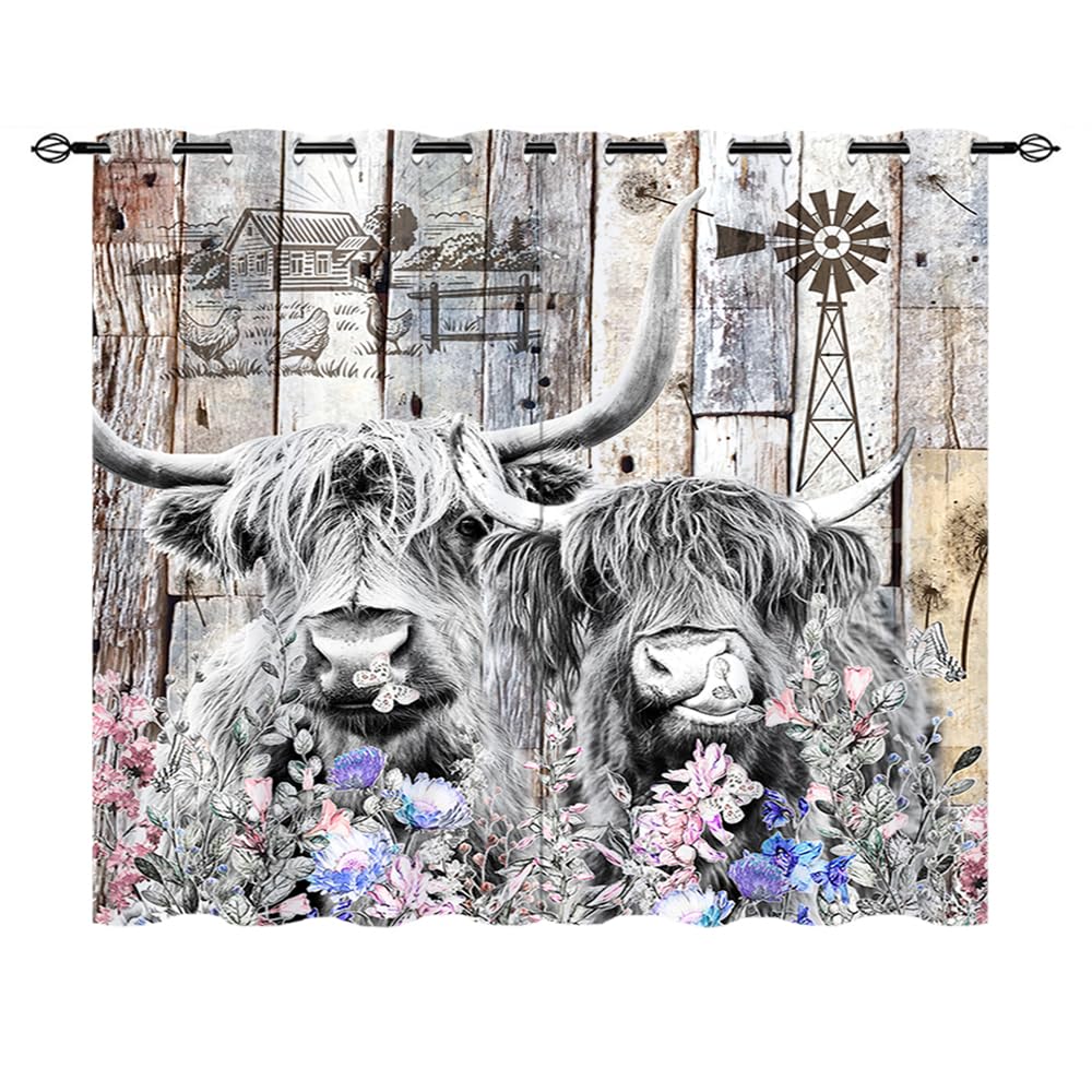 Kazynee Vintage Yak Highland Cow Blackout Curtains for Bedroom Room,Rustic Farm Wooden Barn Door Watercolor Cute Cow Darkening Thermal Insulated