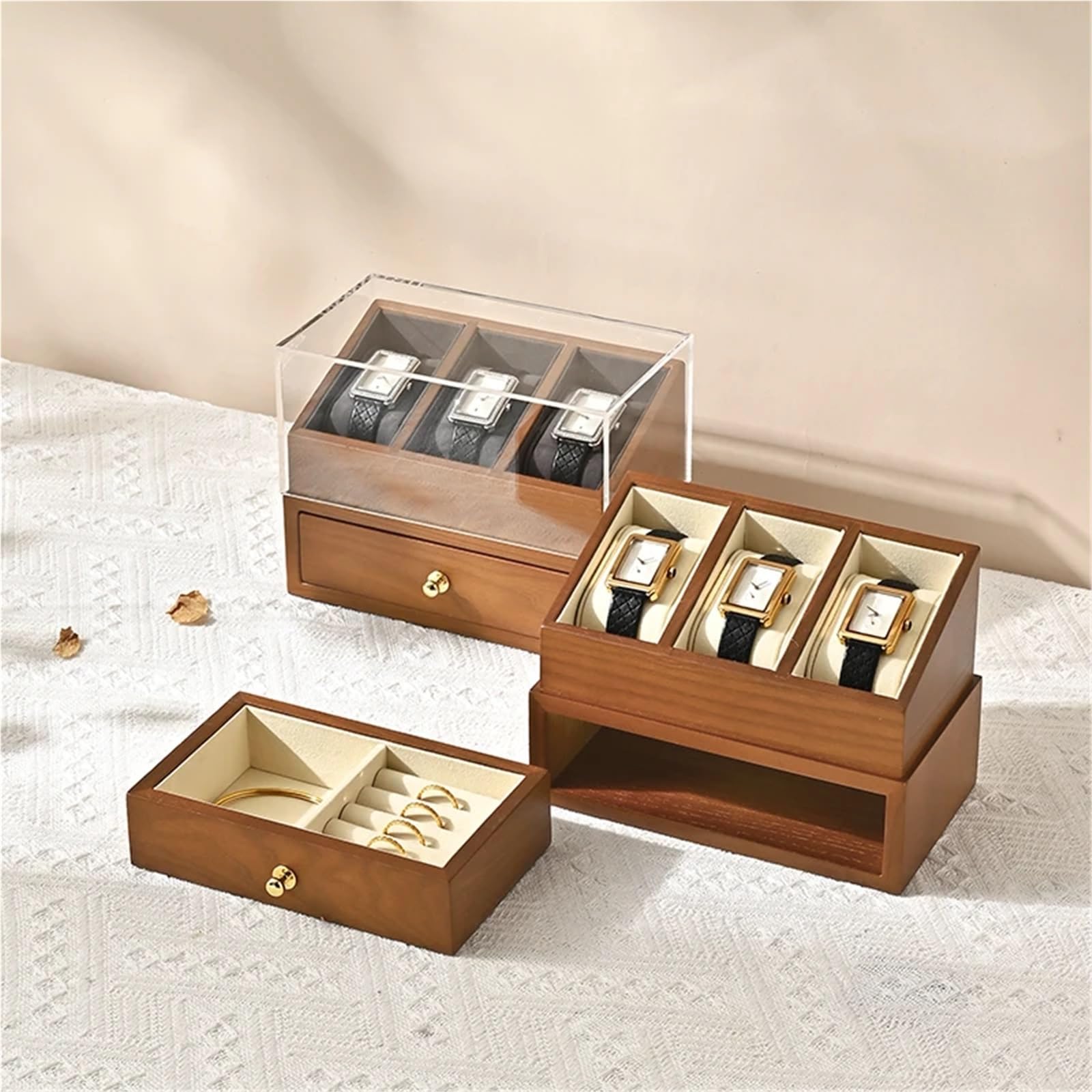 Caja De Relojes De Madera Maciza Caja de reloj madera 3 rejillas, organizador joyas doble capa, almacenamiento muñeca, cubierta a prueba polvo, relojes