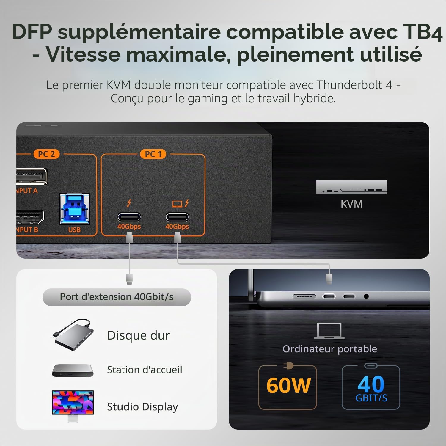 TESmart Commutateur KVM USB-C compatible Thunderbolt 4, 2 Moniteurs 2 PC 4K@60Hz, 1 Ordinateur Portable (USB-C avec charge 60W) et 1 PC de Bureau (HDMI 2.0 & DP 1.2), Gigabit Ethernet,Émulateur EDID
