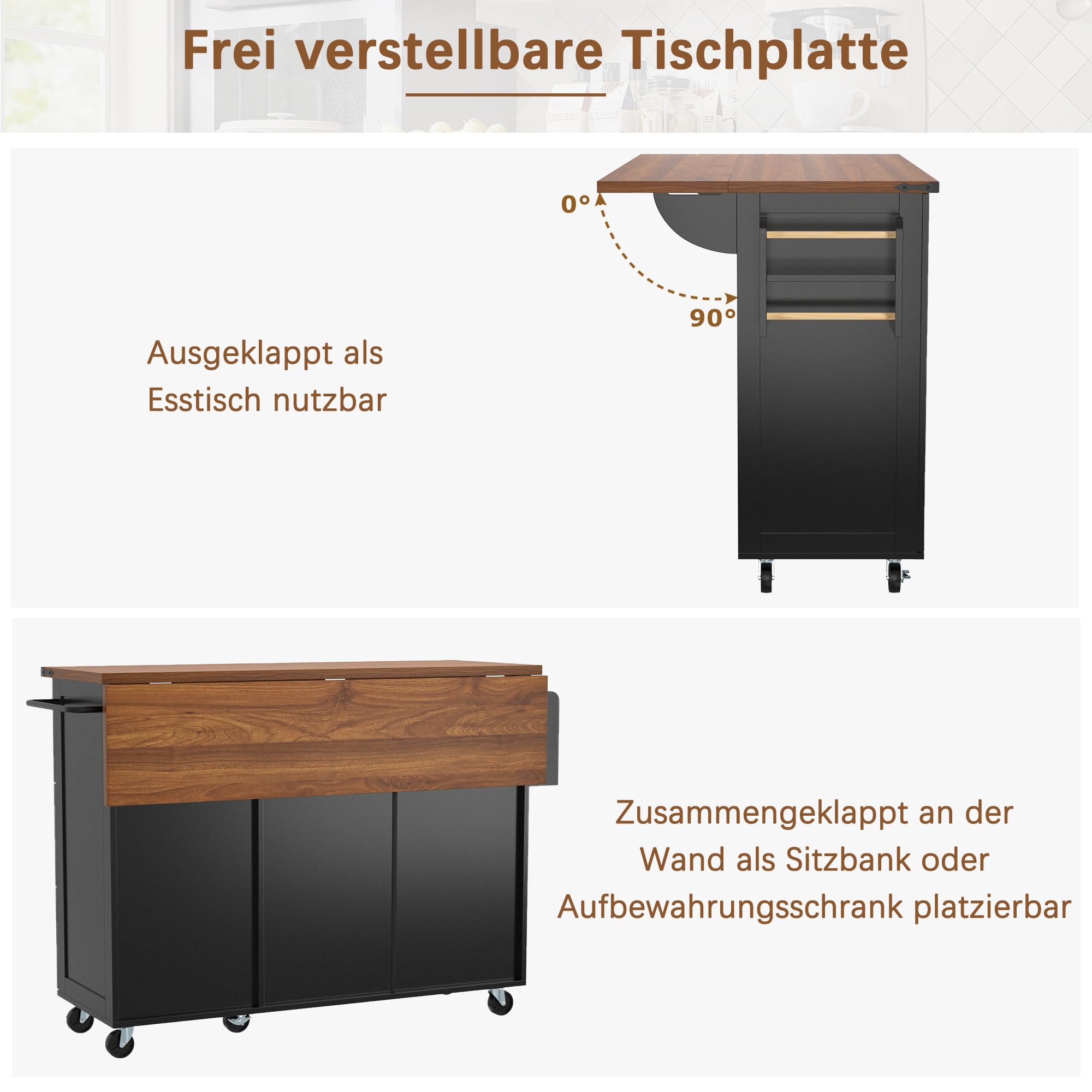 Isola da cucina, carrello da portata con piano di lavoro estraibile, mobile da cucina, carrello da cucina con venature del legno, carrello da pranzo con due ante e tre cassetti (nero)