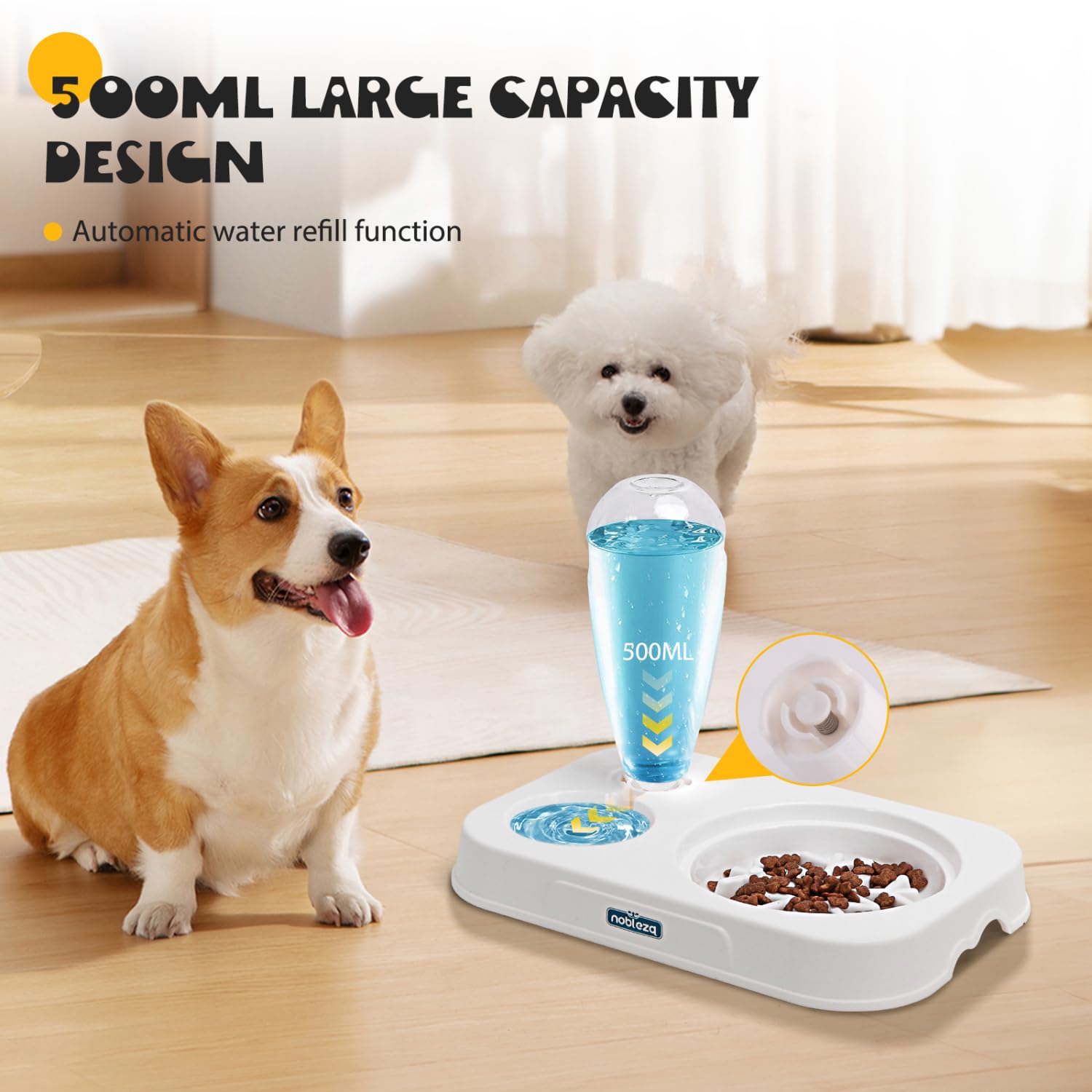 Nobleza Ciotole per Gatti Rialzate, Set 2 in 1 con Dispensatore Automatico Acqua e Feeder Lento, Inclinazione 15°, Bianco
