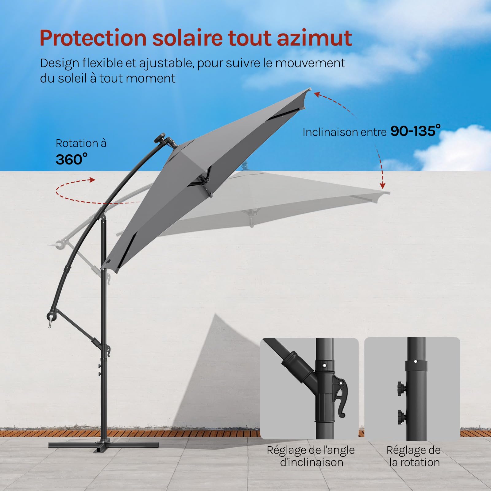 WOLTU Parasol Déporté, avec LED Solaire, Parasol de Jardin Extérieur, Hexagonal, Ф3m, Rotation à 360°, Inclinaison Réglable, UPF 50+, Mât en Métal, avec Manivelle, Housse et Cordes