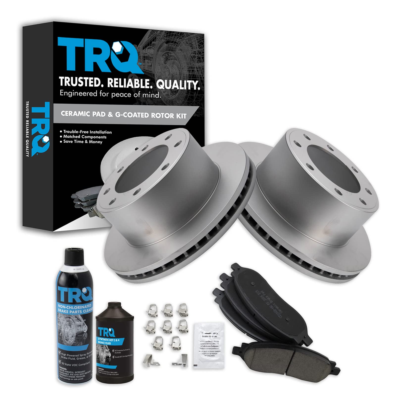 TRQ Rear Brake Pad &amp; Rotor Kit, with Chemical Kit Ceramic Premium G-Coated Compatible with 2005-2007 Ford F-250 Super Duty F-350 Super Duty