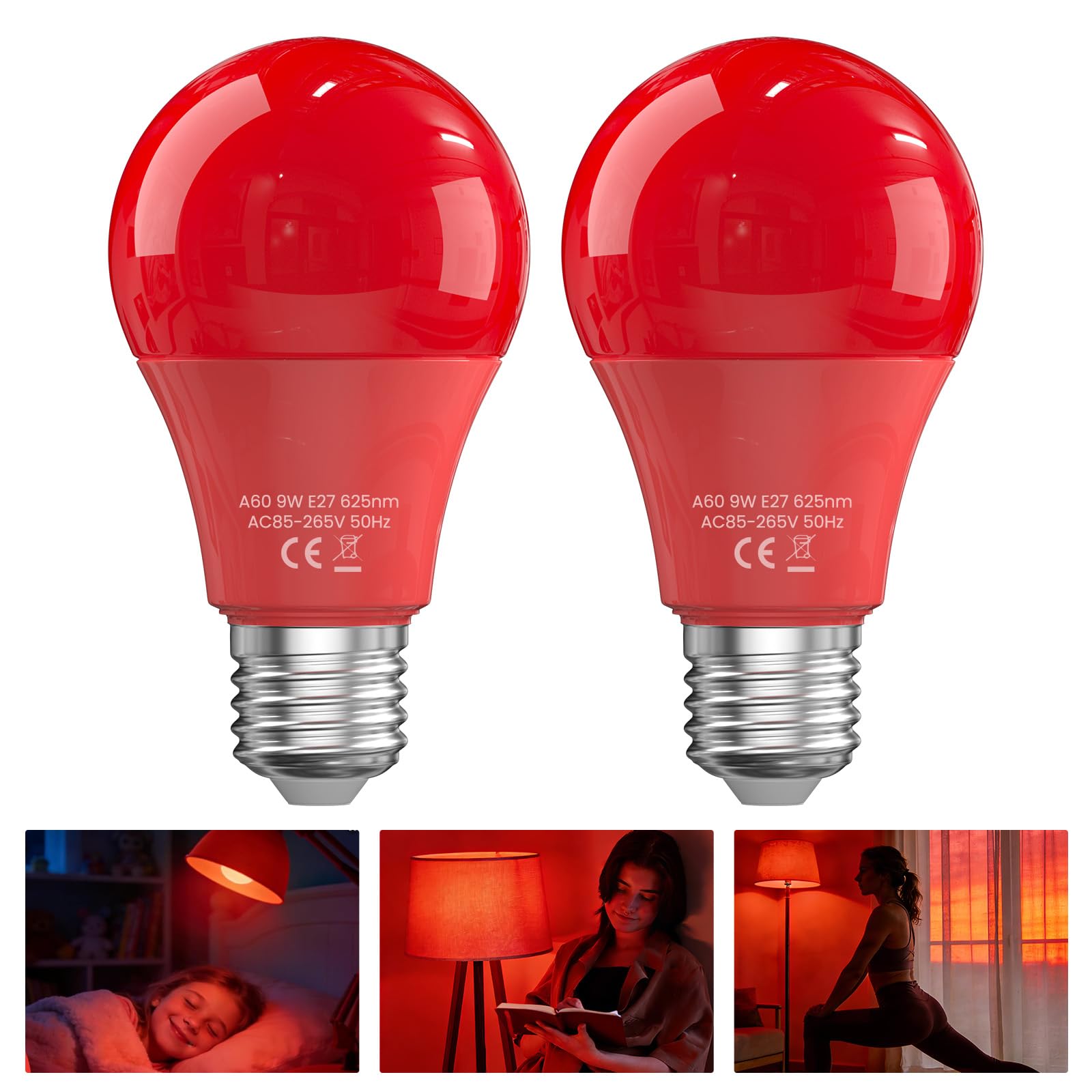 BrightArk 625nm Red Light Bulb for Sleep, 100% Blue Light Blocking, Promotes Melatonin Production, E27 9W LED Red Night Light Bulb for Baby Nursery, Sleeping, Reading, Bedroom, 2-Pack