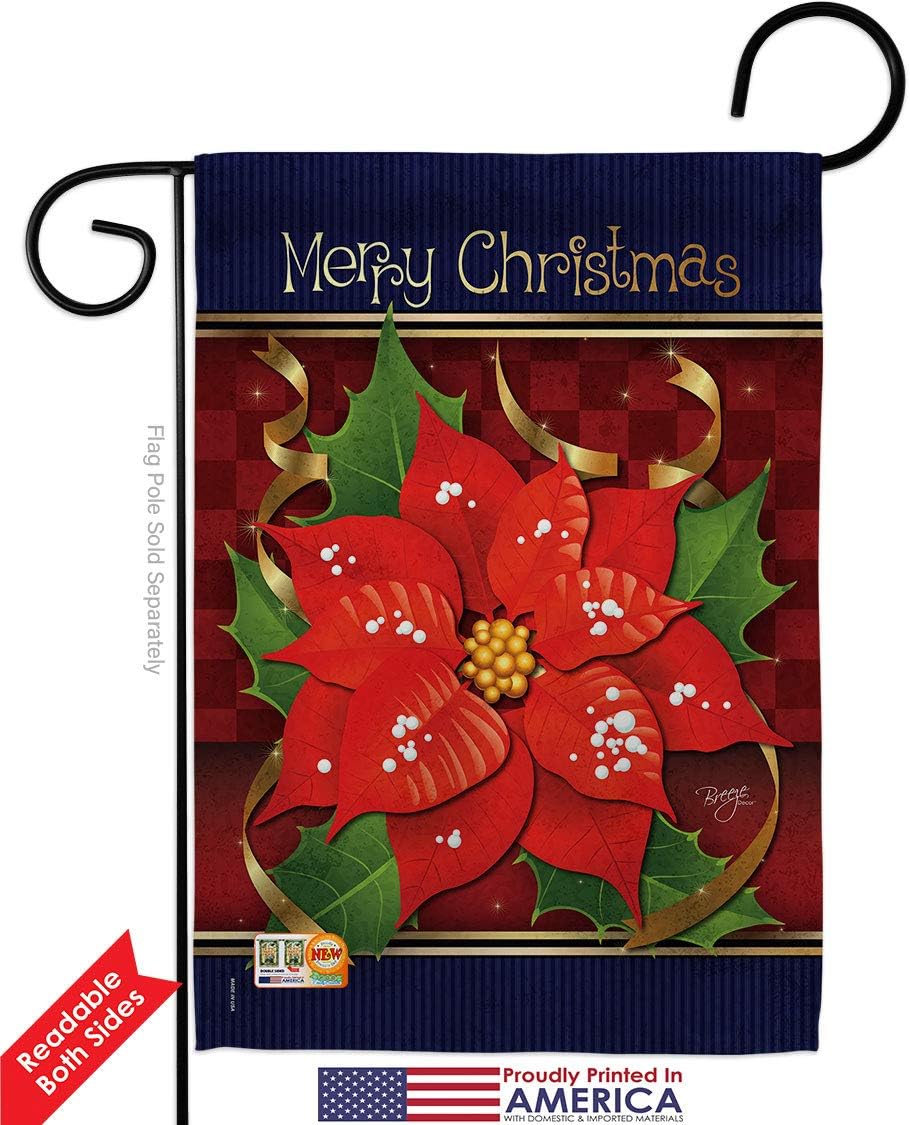 Poinsettia Love Garden Flag Set Wall Holder Wintertime Christmas Santa Marry Xmas Present Reindeer Season Snow Small Decorative Gift Yard House Banner Double-Sided Made In USA 13 X 18.5