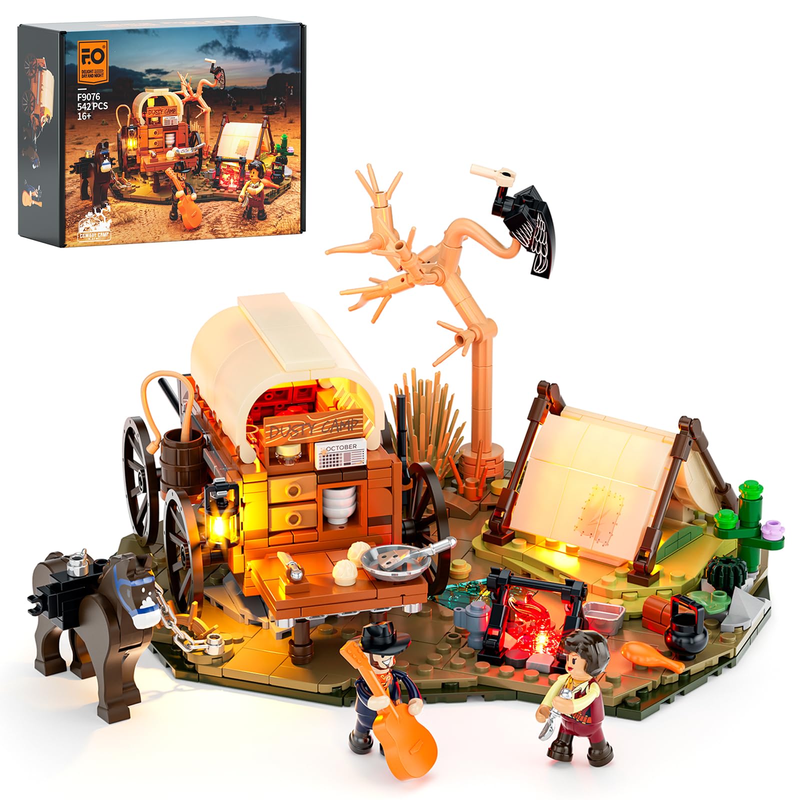 FUNWHOLE Western Cowboy Camp Building Set, 542PCS Light-Up Display