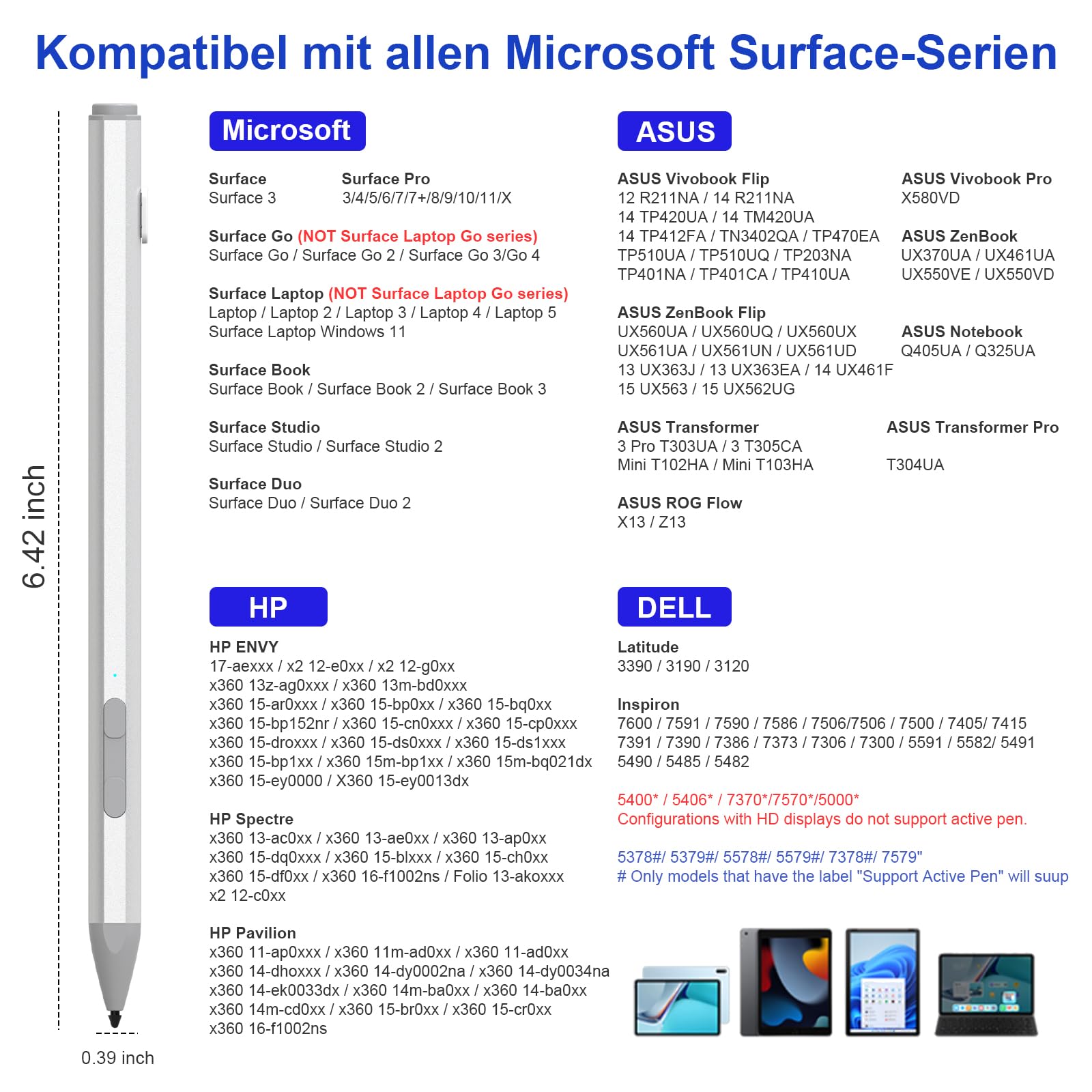 Surface Pen für Surface Pro 12/11AI+PC/11/10/X/9/8/7/7+/6/5/4/3, Surface Book/Laptop/Go/Studio Stift mit Palm Rejection,4096 Druckempfindlichkeit,Magnetisch,4 Spitzen,30min schnelles Aufladen
