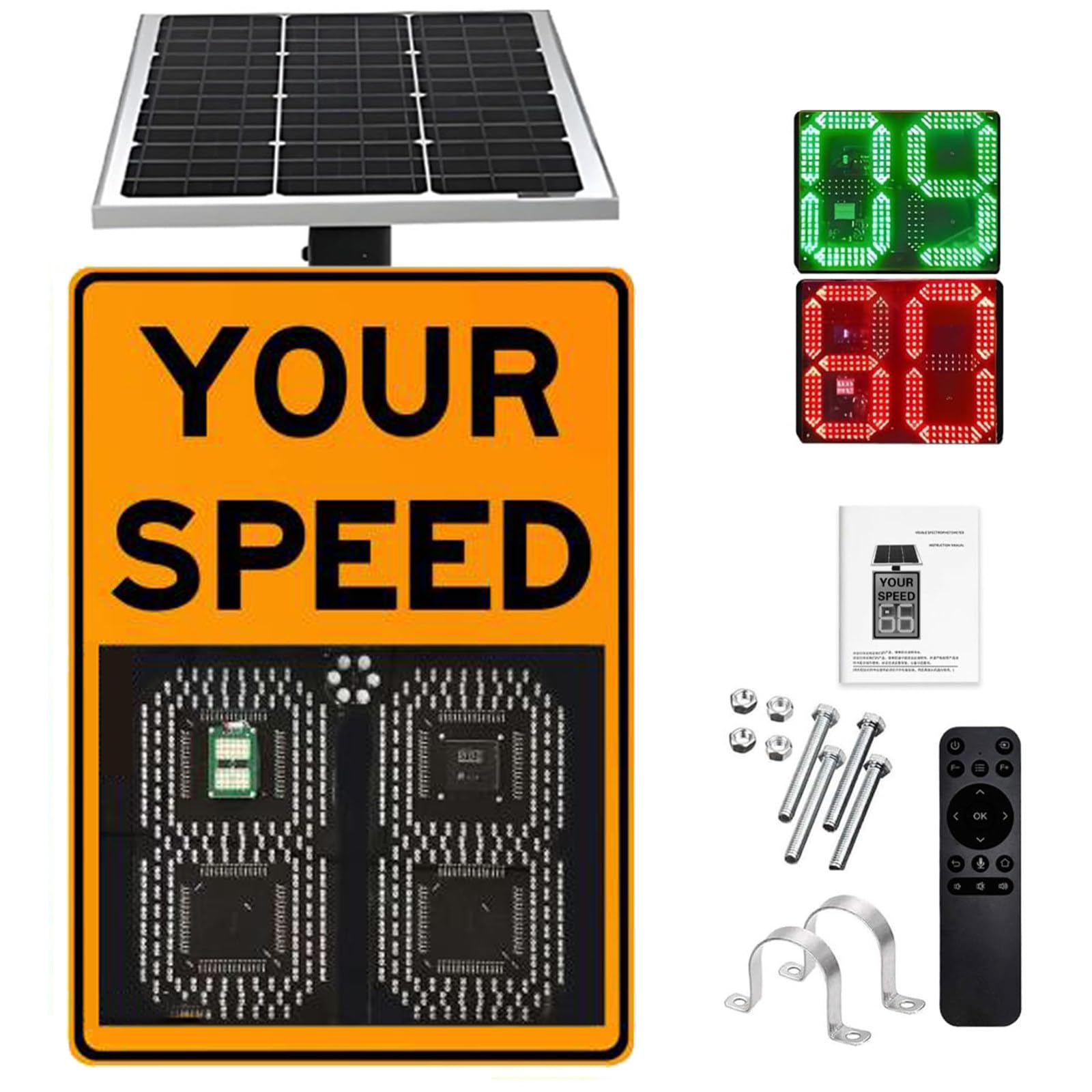 Señal de velocidad de radar – Pantalla de velocidad alimentada por energía solar para carreteras y carreteras de velocidad limitada, diseño integrado con accesorios, 24 x 35 pulgadas