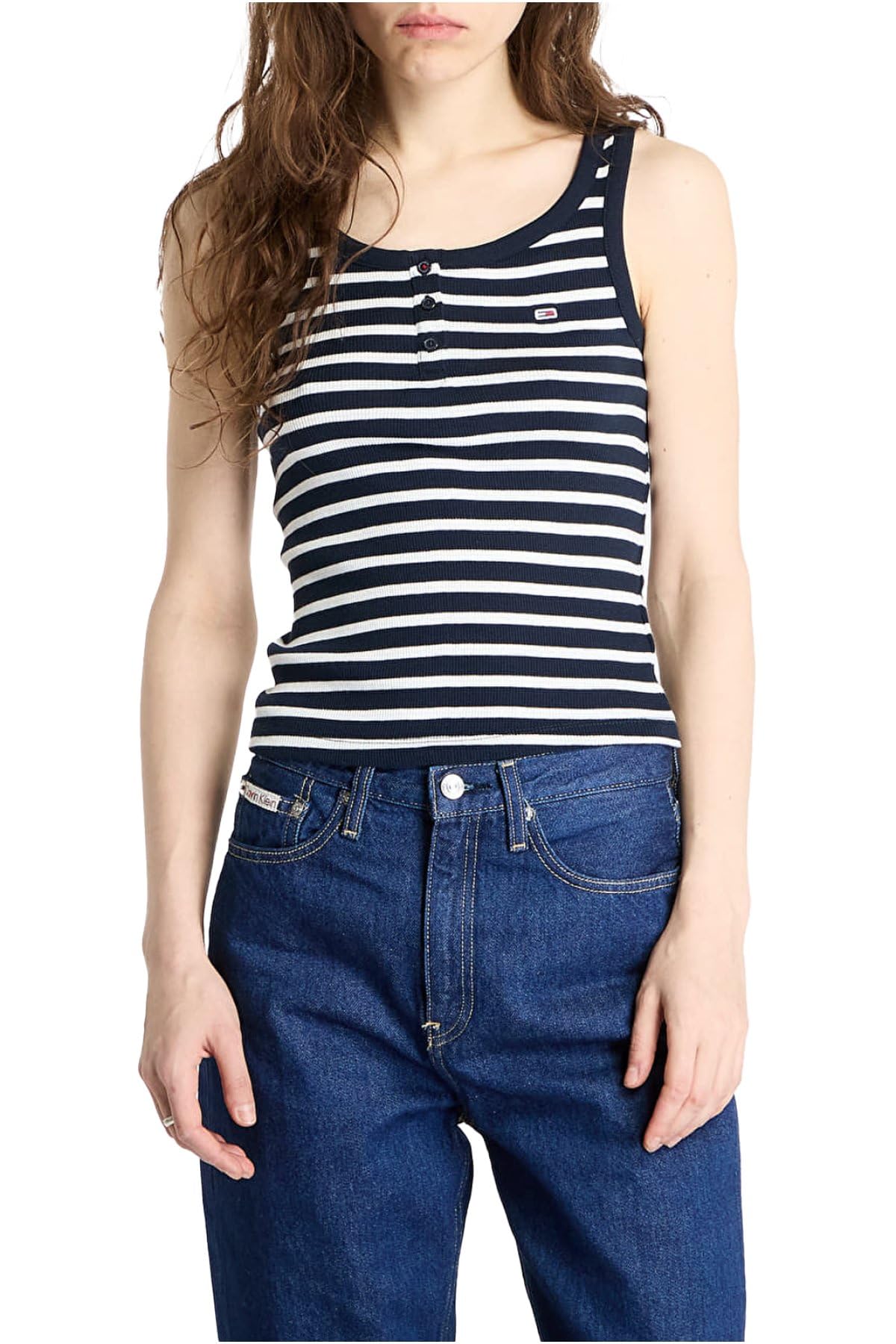 Tommy Jeans Tjw Slim Button Tank Dw0Dw19492 Camiseta de Tirantes Anchos, Blue (Dark Night Navy/​Stripe), S para Mujer