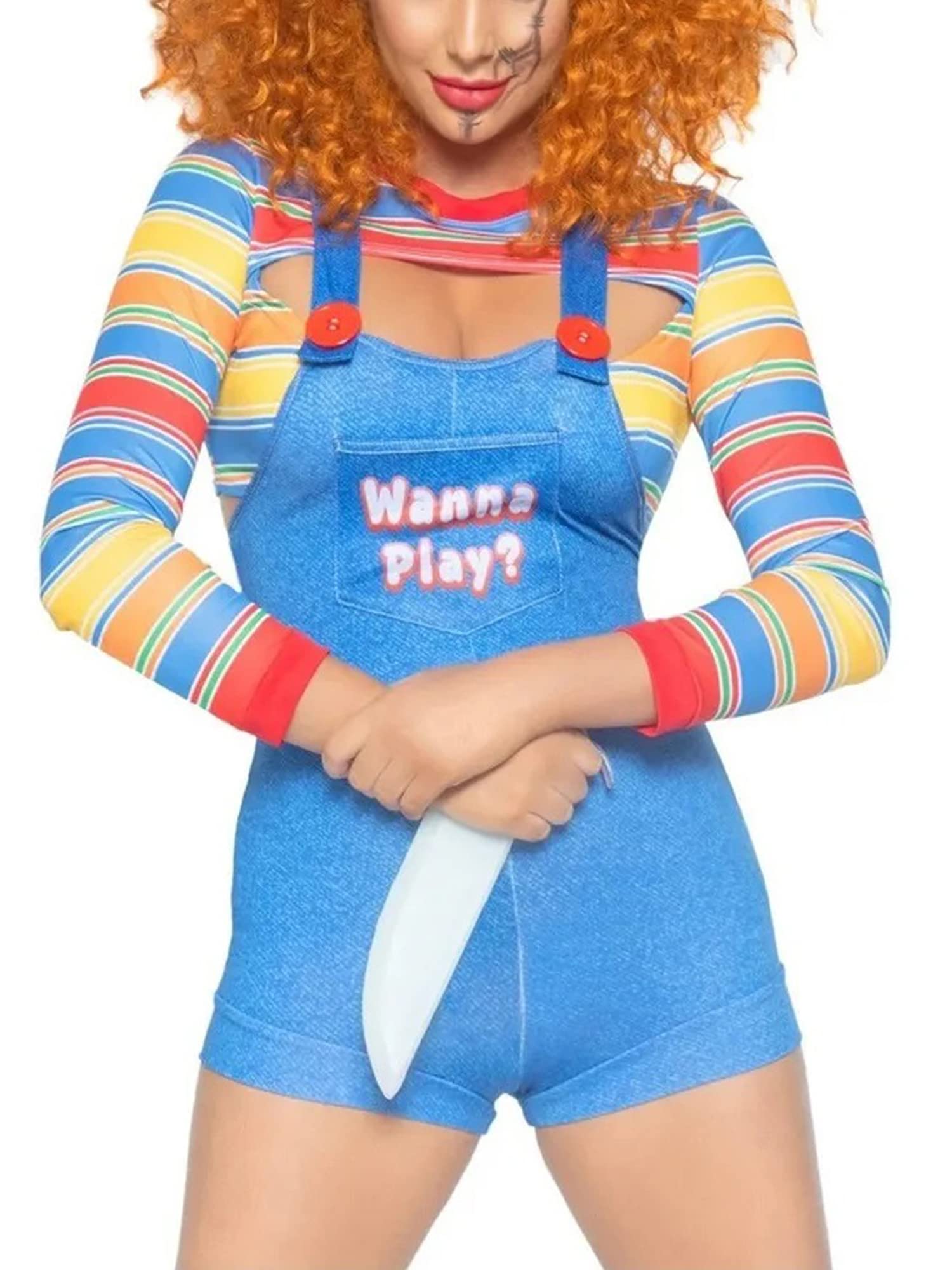 Acrawnni Women Halloween Costumes Nightmare Killer Doll Wanna Play Movie Character Bodysuit Anime Clown Cosplay 2 Pcs Costume Set Halloween Outfit (C-Blue, S) — image 1