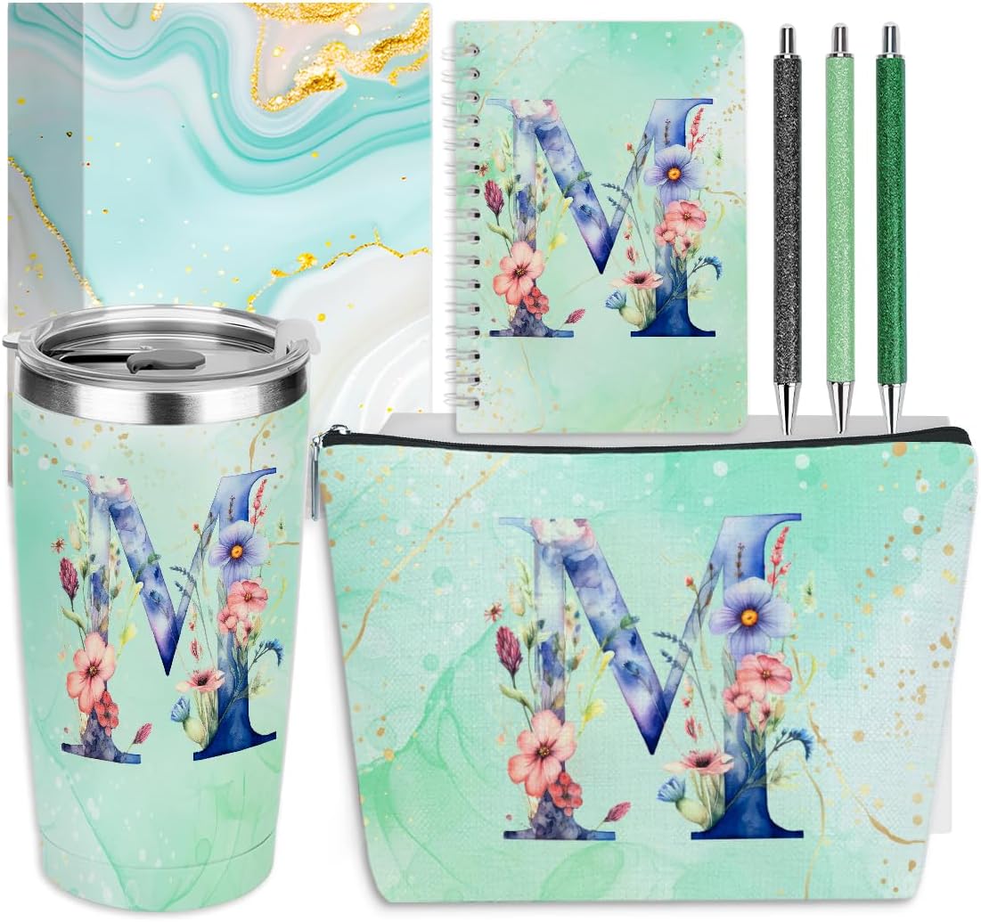 Personalized Gifts Monogrammed Birthday Gifts for Women, Her, Teacher Mother in Law Wedding Christmas Initial 20 oz Tumbler, Makeup Bag Cup Pens Journal Notebook 6 Set, (Aesthetic Green Flower M)