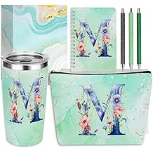 Personalized Gifts Monogrammed Birthday Gifts for Women, Her, Teacher Mother in Law Wedding Christmas Initial 20 oz Tumbler, Makeup Bag Cup Pens Journal Notebook 6 Set, (Aesthetic Green Flower M)