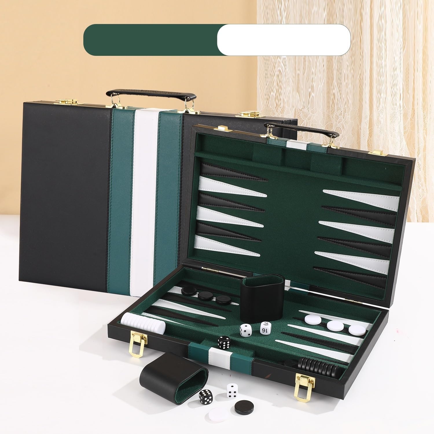 Grandi set di backgammon for adulti, giochi da tavolo classici for 2 giocatori, adulti e bambini, custodia in pelle PU di qualità scacchiera portatile(Groen,11inch)