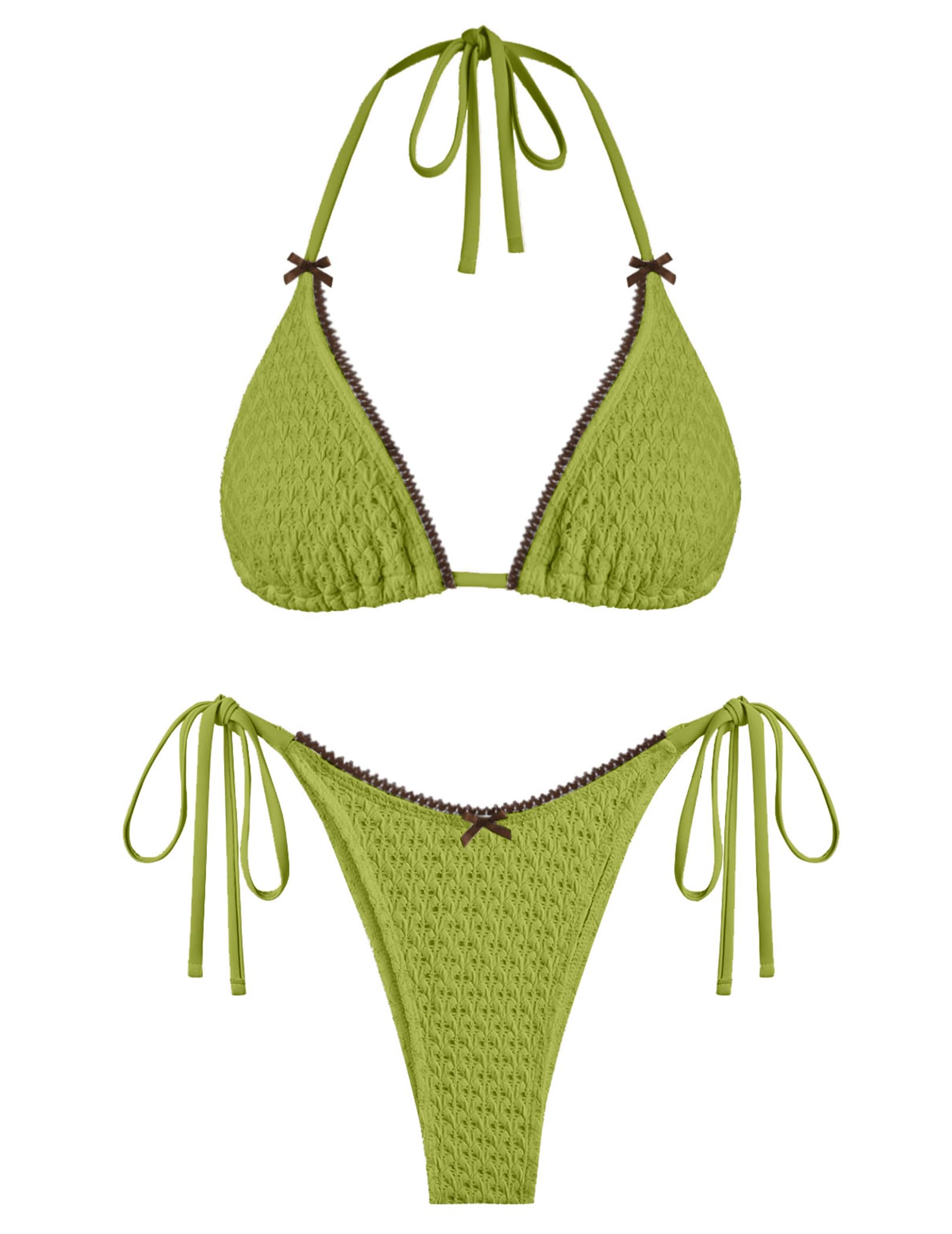 ZAFUL Bikini Sets for Women Halter Two Piece Swimsuit Eyelet Triangle Tie Side Thong Bathing Suit Bowknot Lace Trim Swimwear