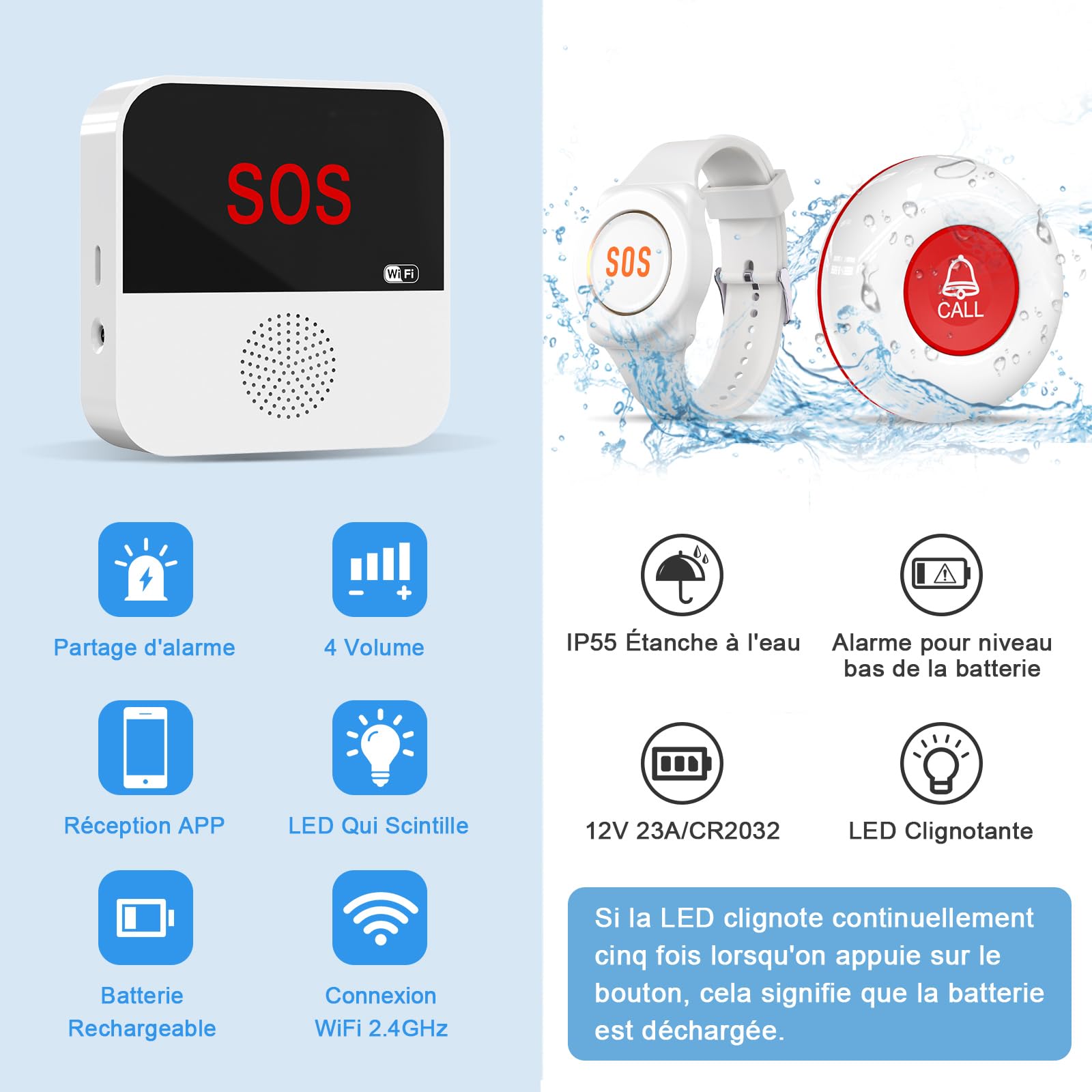 ChunHee Bouton d'appel d'urgence pour Personnes âgées avec WiFi Smart Senior Système d'alerte d'appel d'urgence pour Patients âgés handicapés | Connexion avec smartphone, plusieurs proches peuvent recevoir des notifications, protection IP55 pour la maison