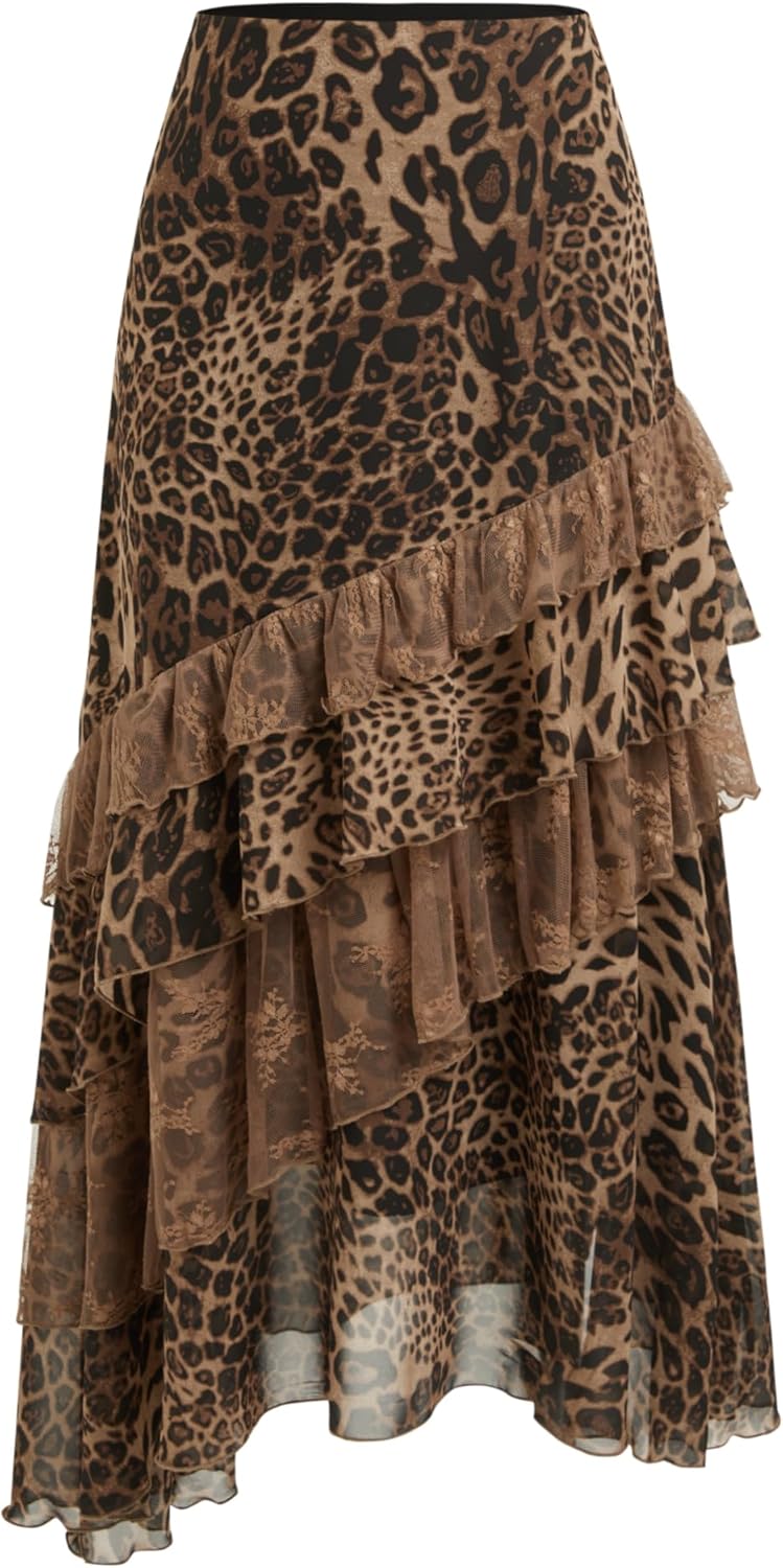 CIDER Chiffon High Rise Leopard Print Layered Maxi Skirt: Coffee, XL