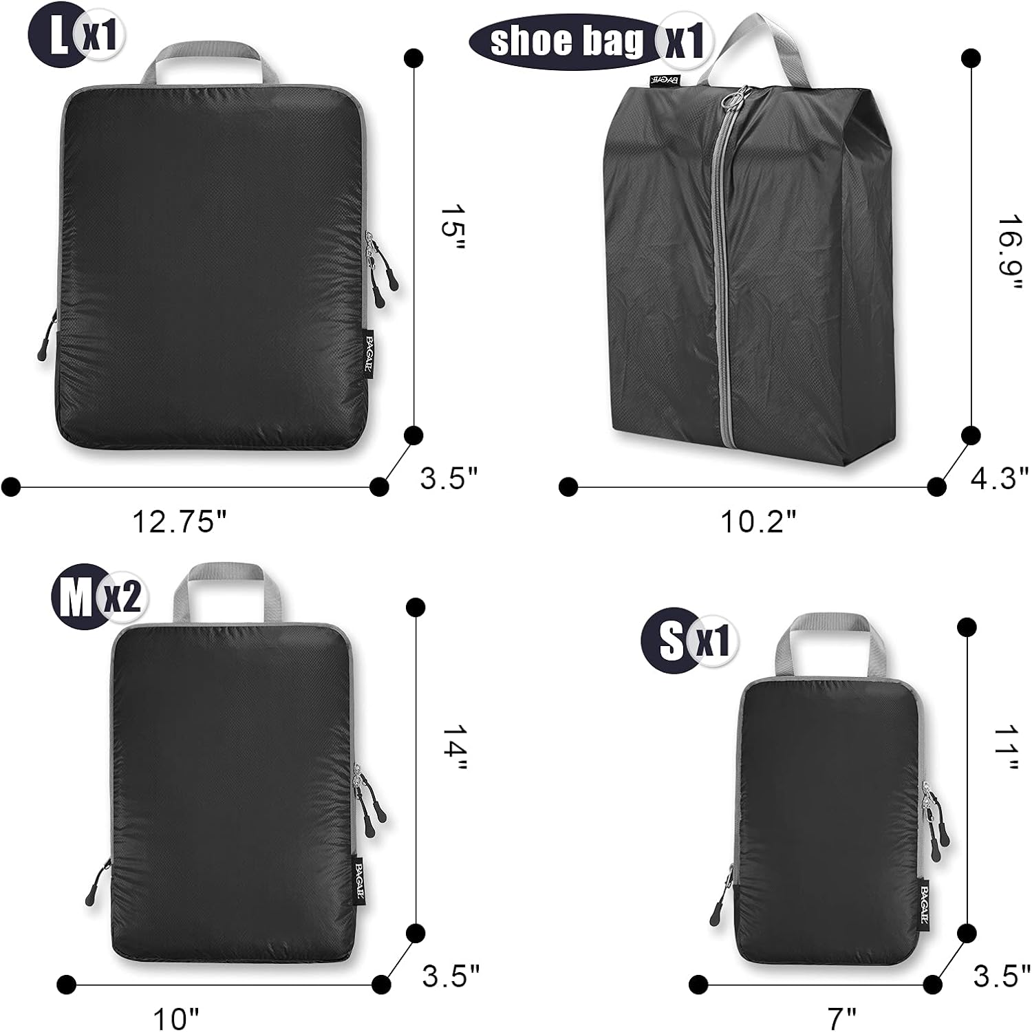 BAGAIL 5 Set Ultralight Compression Packing Cubes Travel Accessories Expandable Packing Organizers(Black)