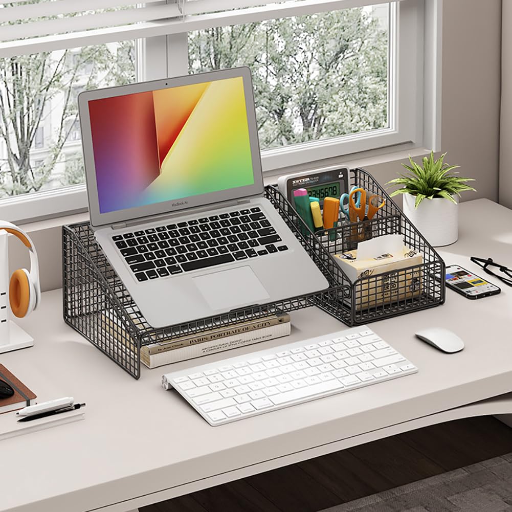 CAKERS Stand D'ordinateur Portable Créatif || Ergonomic Desktop Organizer Storage Shelf | Sturdy Metal Refracted Pour La Maison Et Le Bureau Utilisation,Noir,52x25x19cm (20.4x9.8x7.4in)