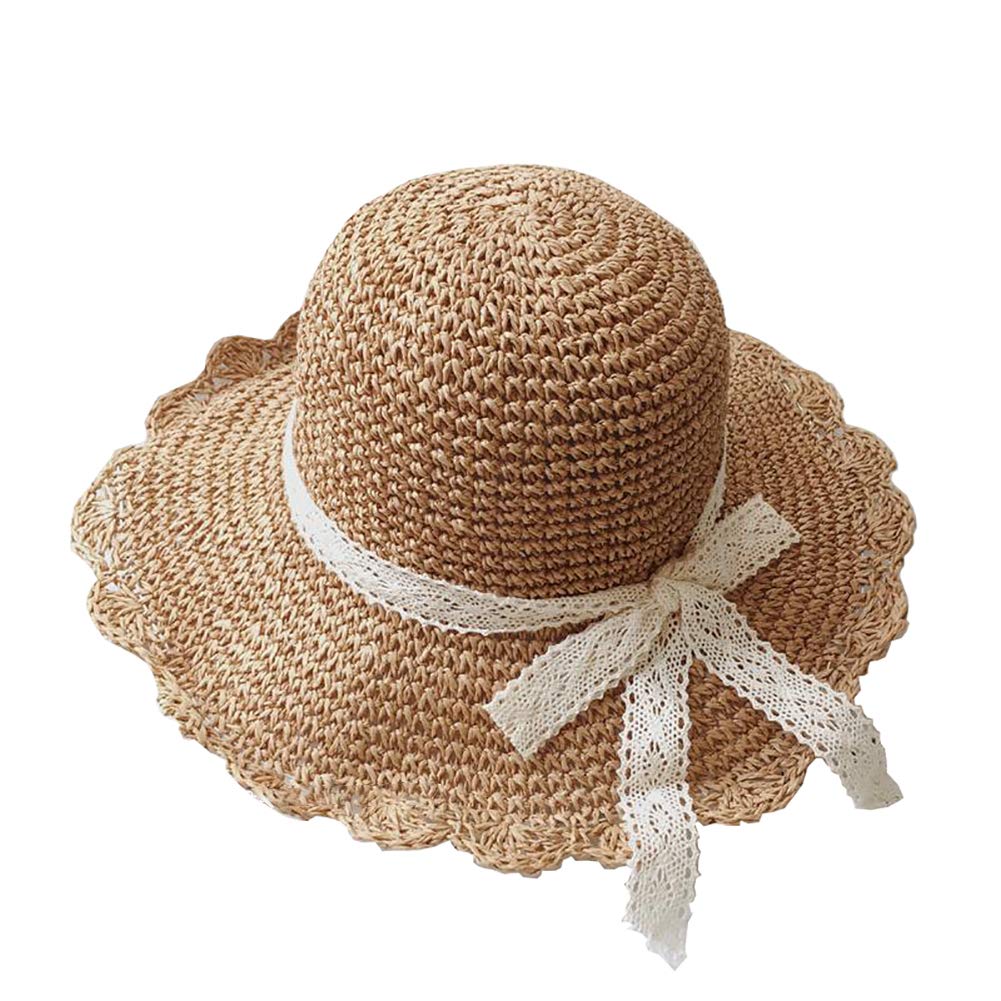 HugeDE Kids Floppy Straw Hat Packable Sun Hat Visor Foldable Summer Beach Hat with Lace Bow for Toddlers Girls Khaki