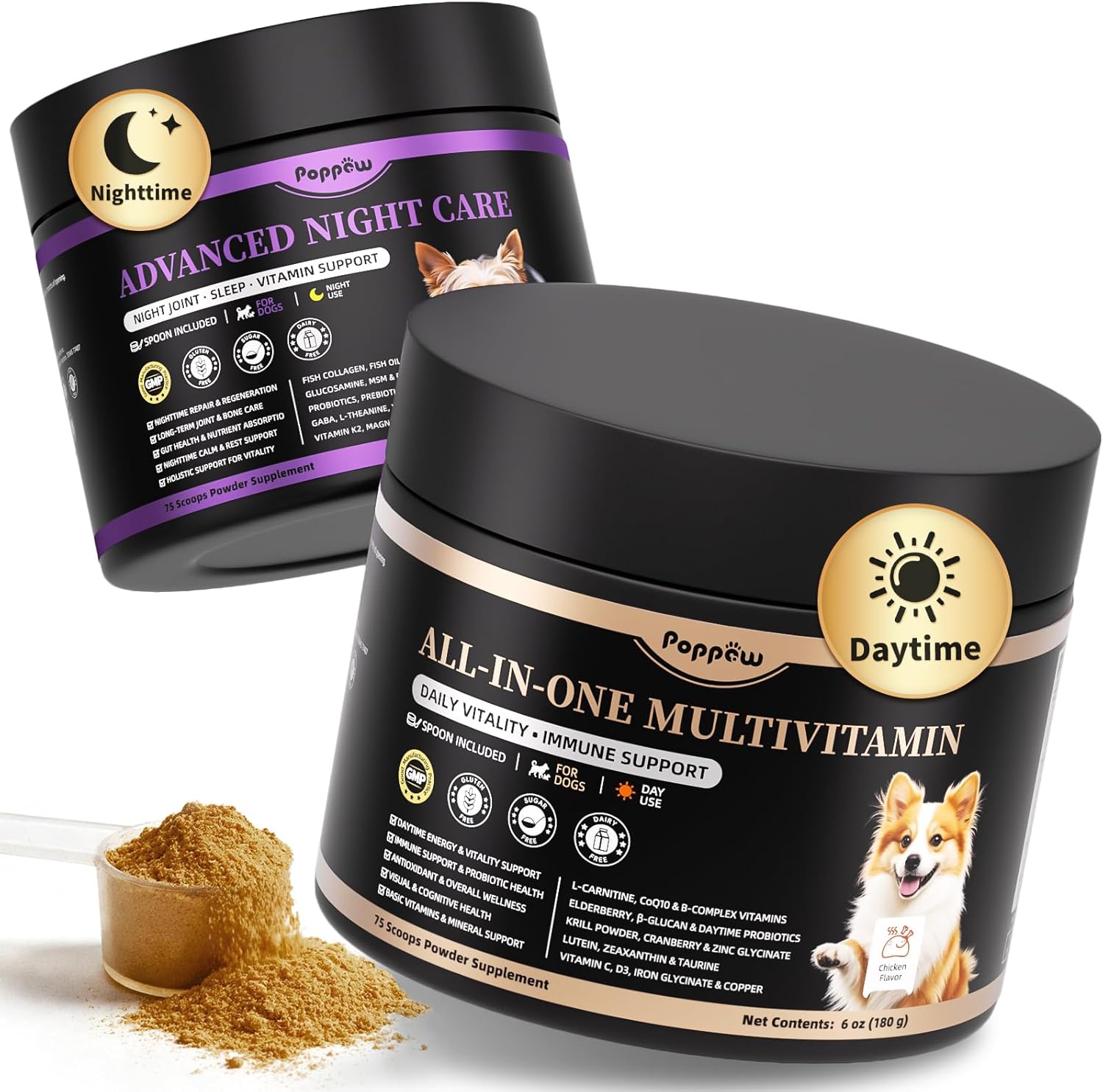 Dog Multivitamin Powder, Day & Night 2-Pack, Dog Vitamins and Supplements for Homemade Food, Joint, Gut, Calm, Immune Support, L-Carnitine, Glucosamine, Probiotics, Chicken Flavor, 150 Scoops