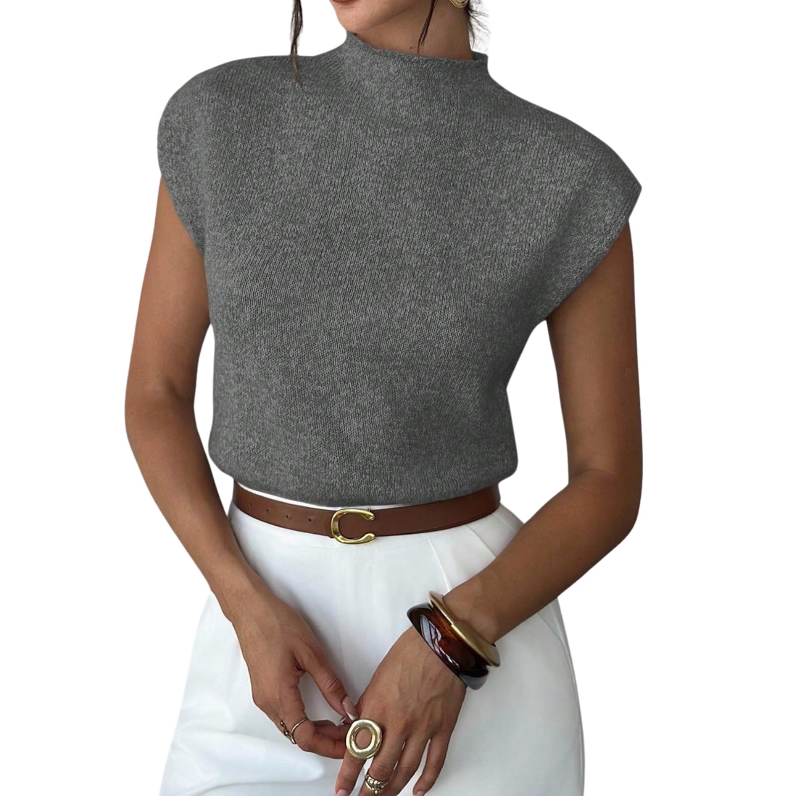 Women Elegant Mock Neck Sweater Vest High Neck Drop Shoulder Sleeveless Solid Slim Fit Causal Knit Sweater Top